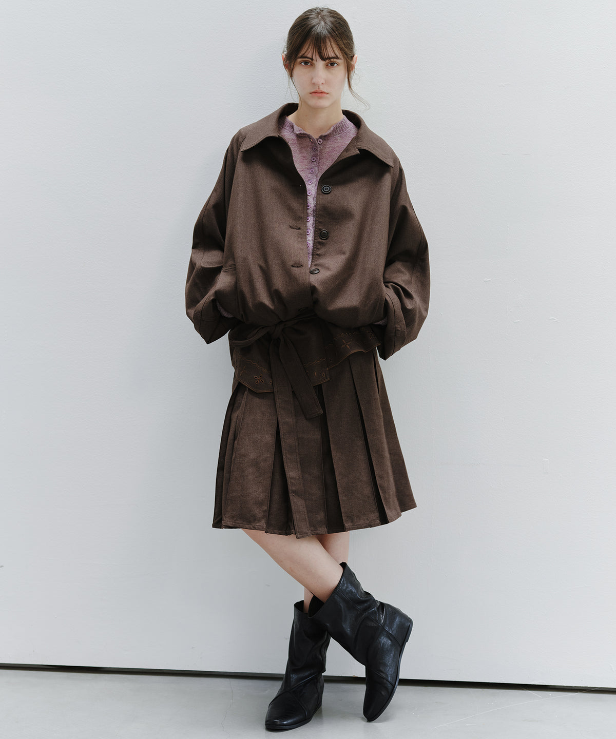 「9月下旬出荷予定」2WAY Faux Leather Pleated Midi Skirt