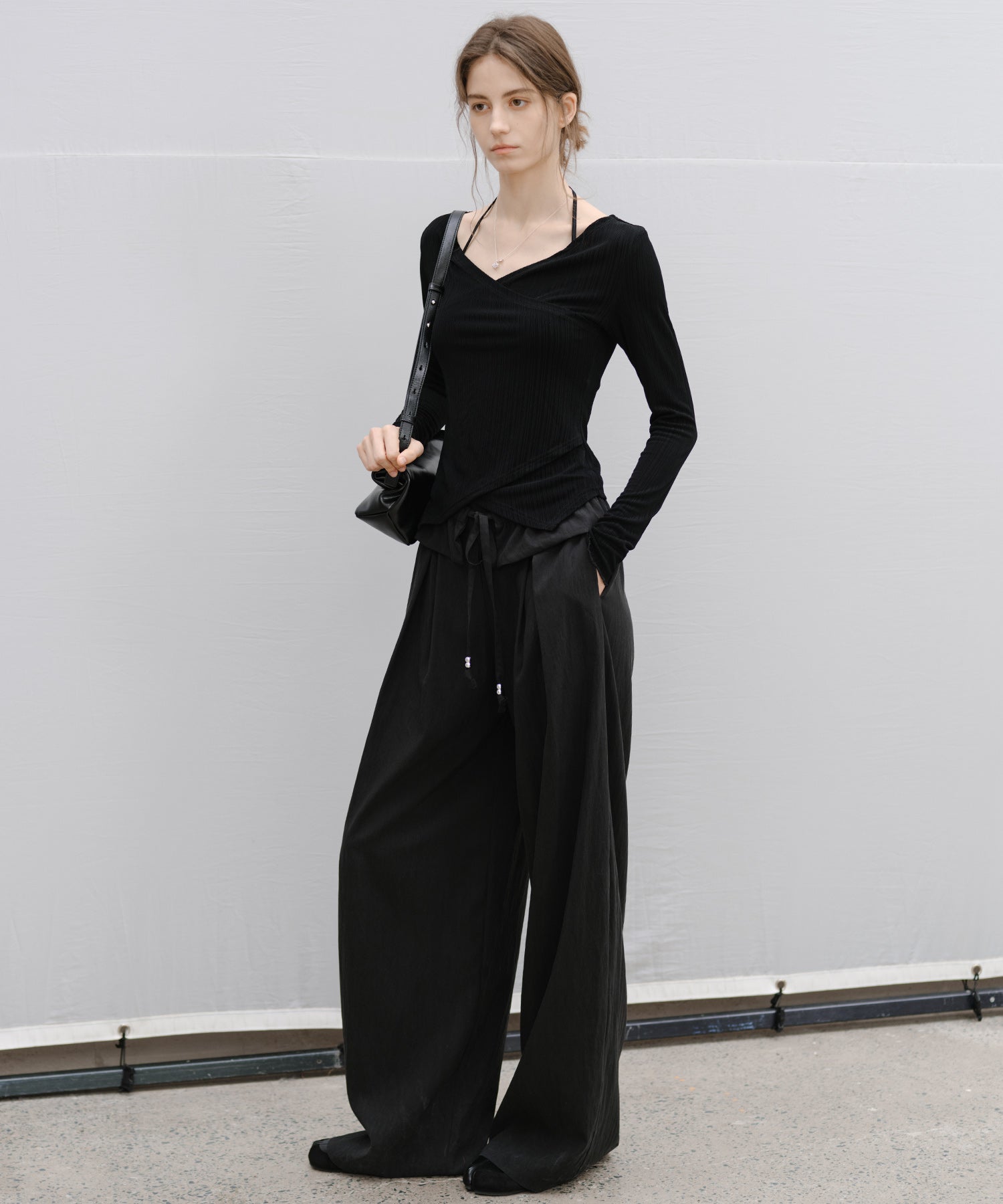 "Shipping from late February to early March" Wrap Neck Asymmetric Hem Top