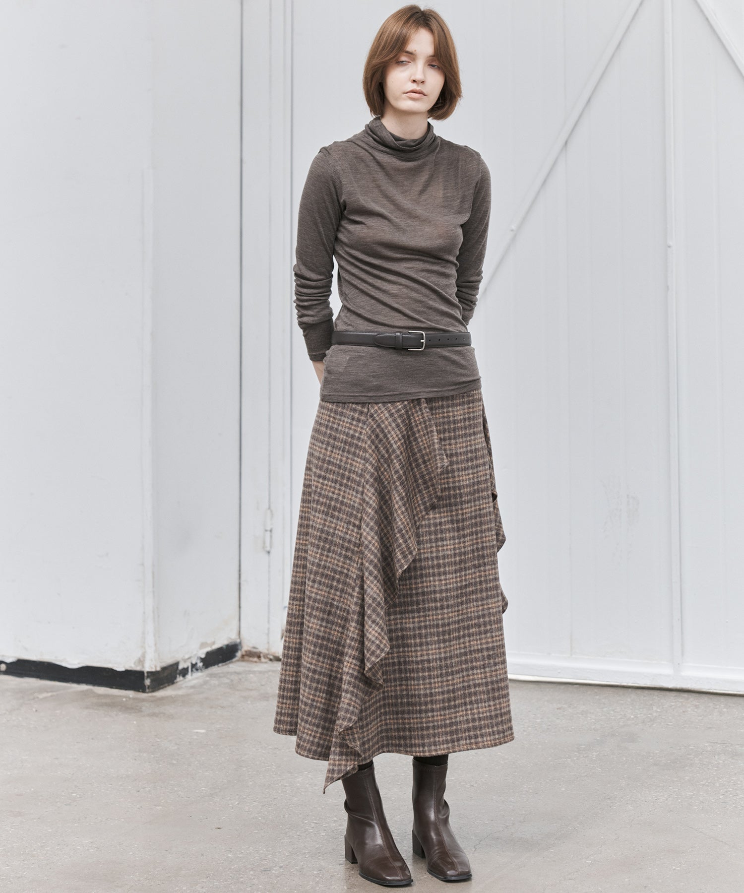 Wool Blend Irregular Flake Detail Yarn-Dyed Vintage Check Brushed A-Line Midi Skirt