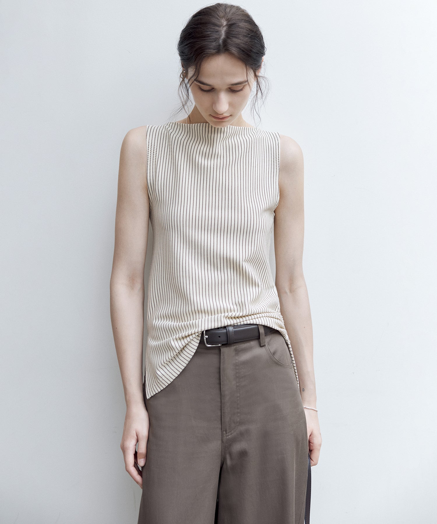 Striped Sleeveless Top with Adjustable Hem &amp; Boat Neck