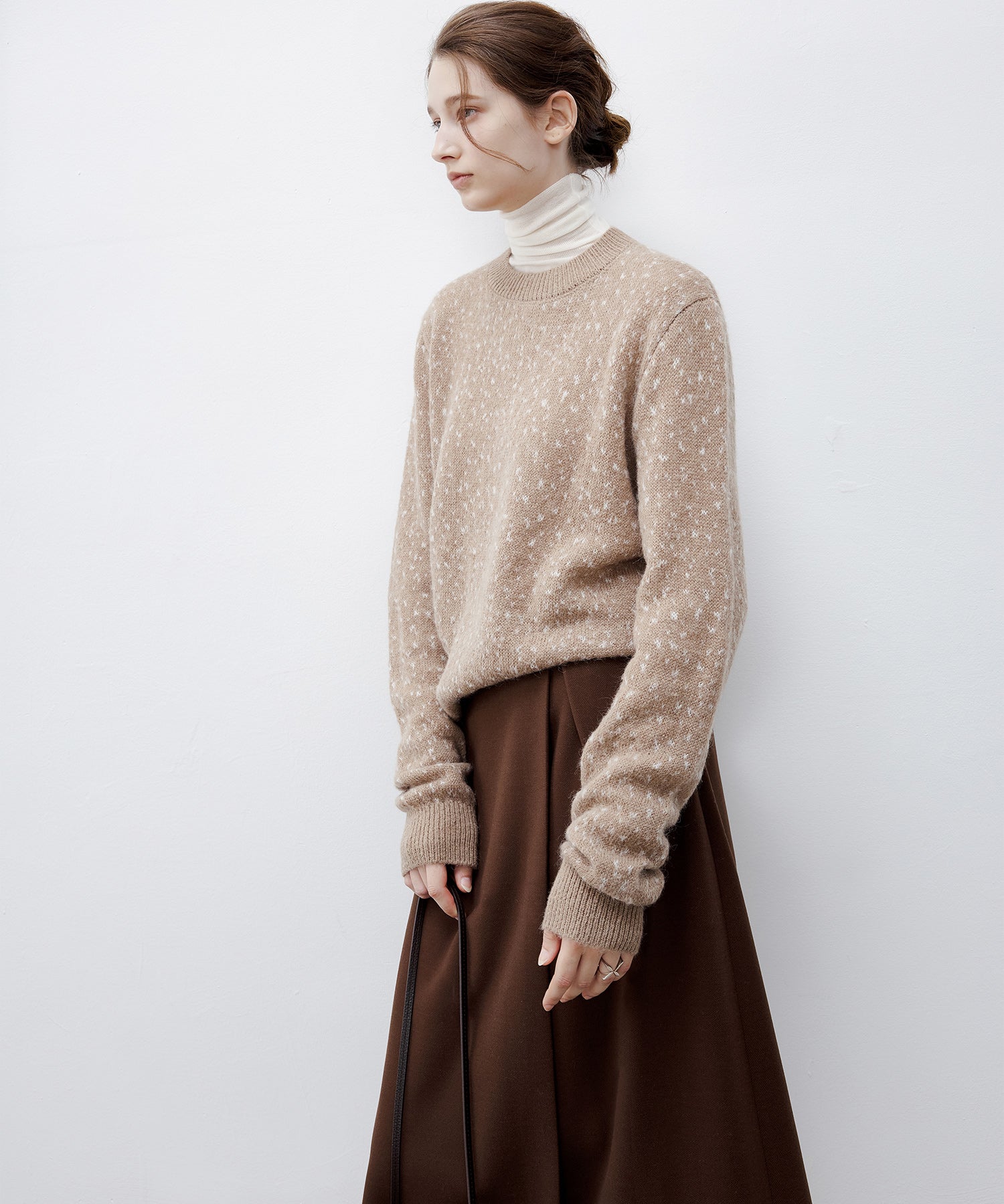 Wool blend jacquard crew neck knit