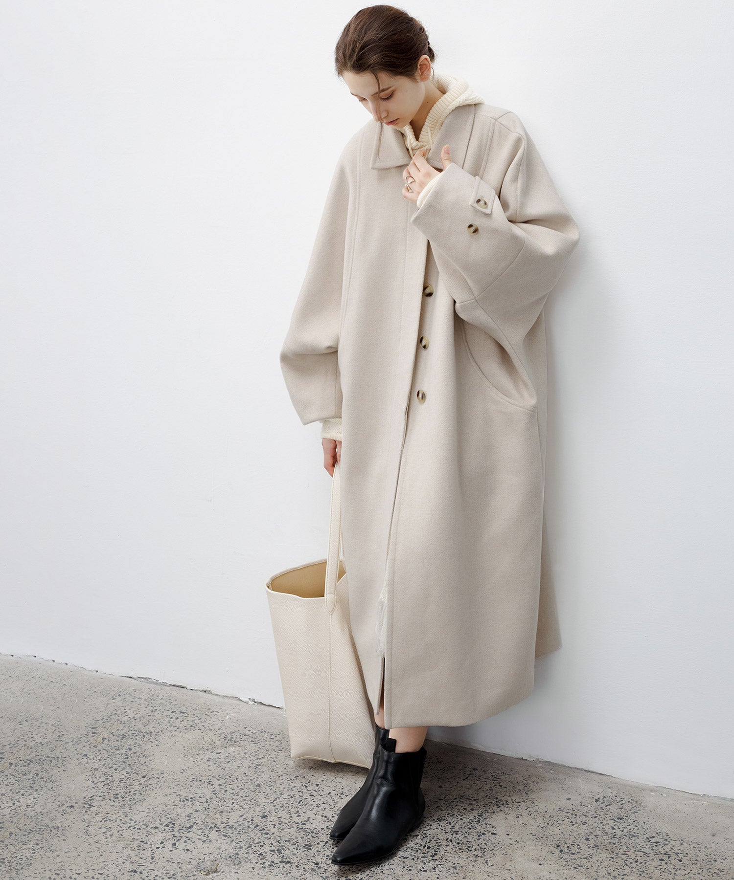 Double-Face Wool Cocoon Coat with Batwing Sleeves