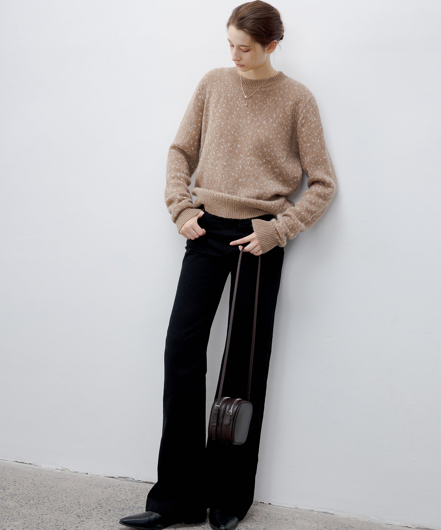Wool blend jacquard crew neck knit