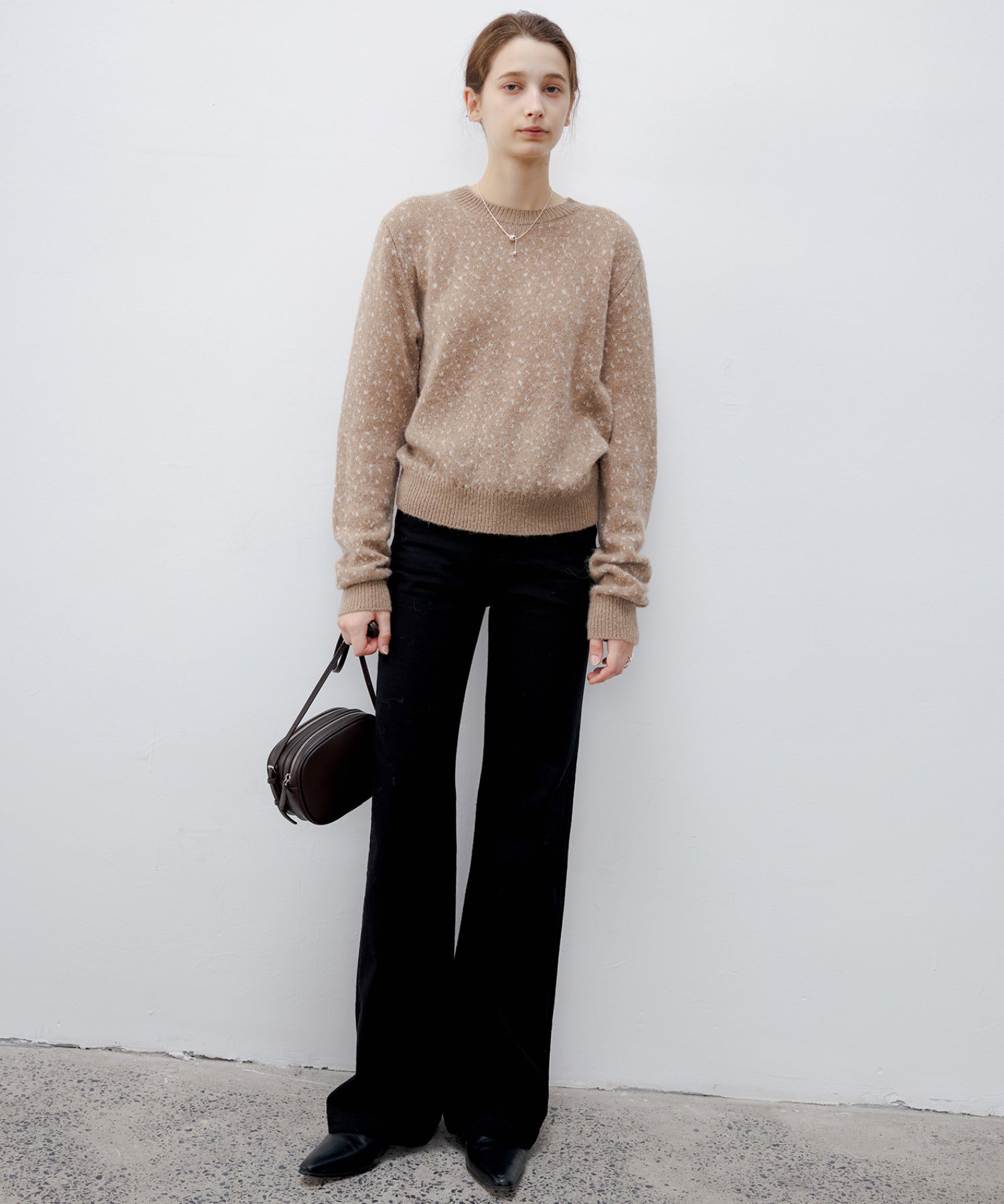 Wool blend jacquard crew neck knit