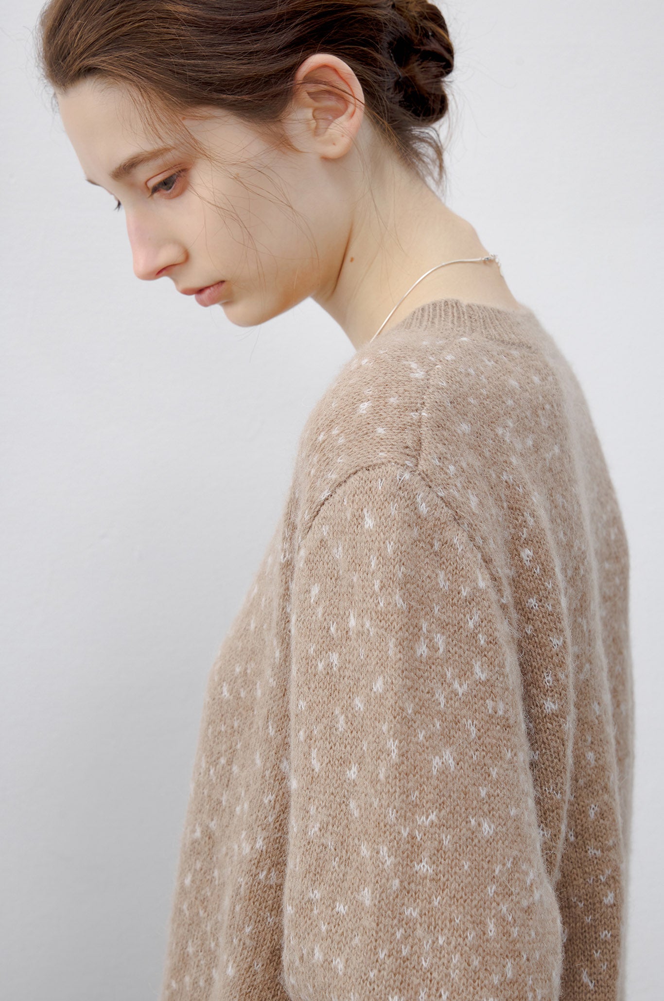 Wool blend jacquard crew neck knit