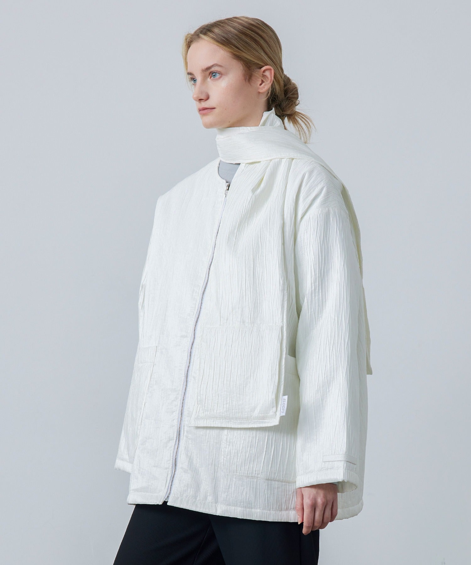 Padded No-Collar Jacket with Scarf – Crinkled Texture
