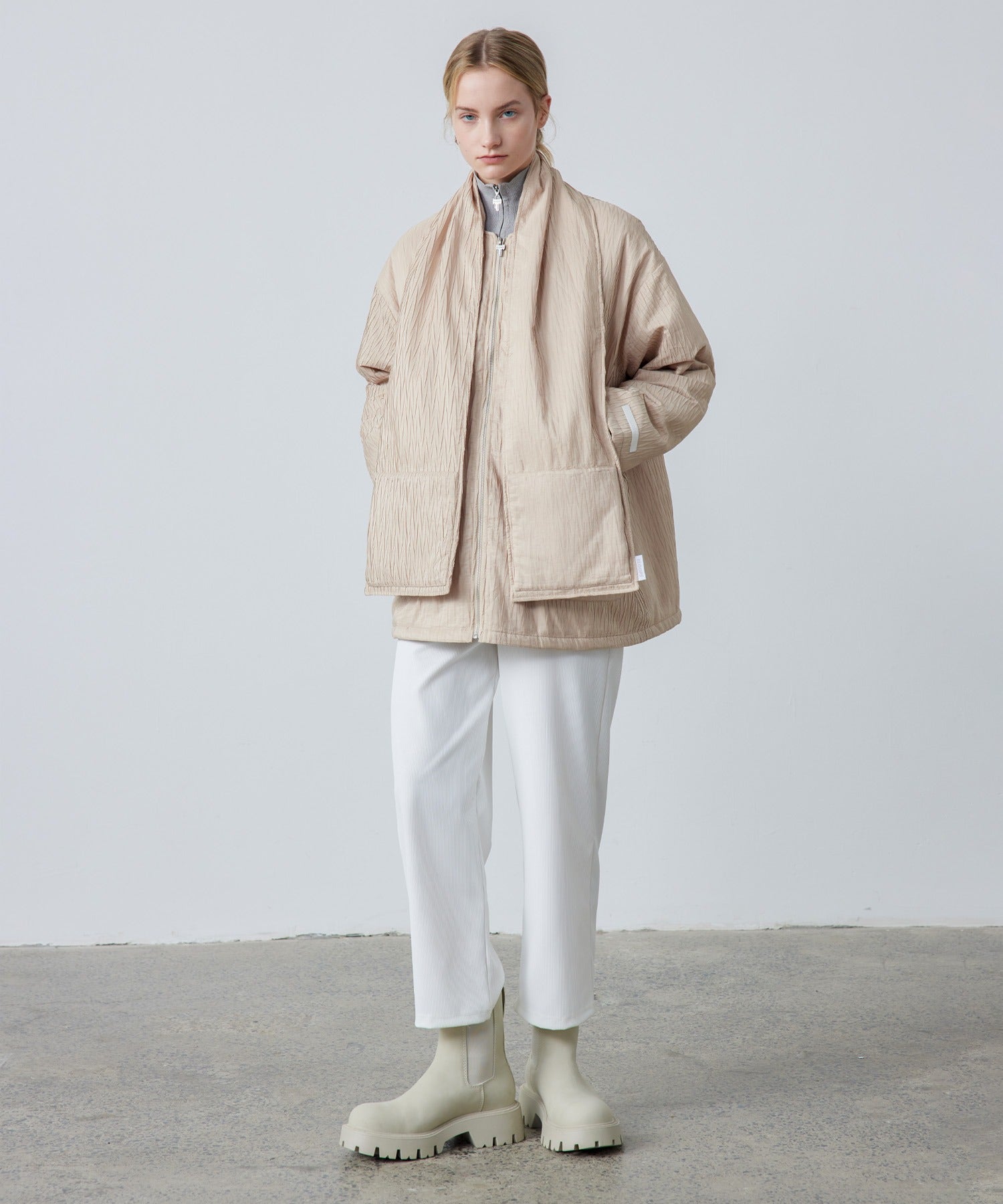Padded No-Collar Jacket with Scarf – Crinkled Texture