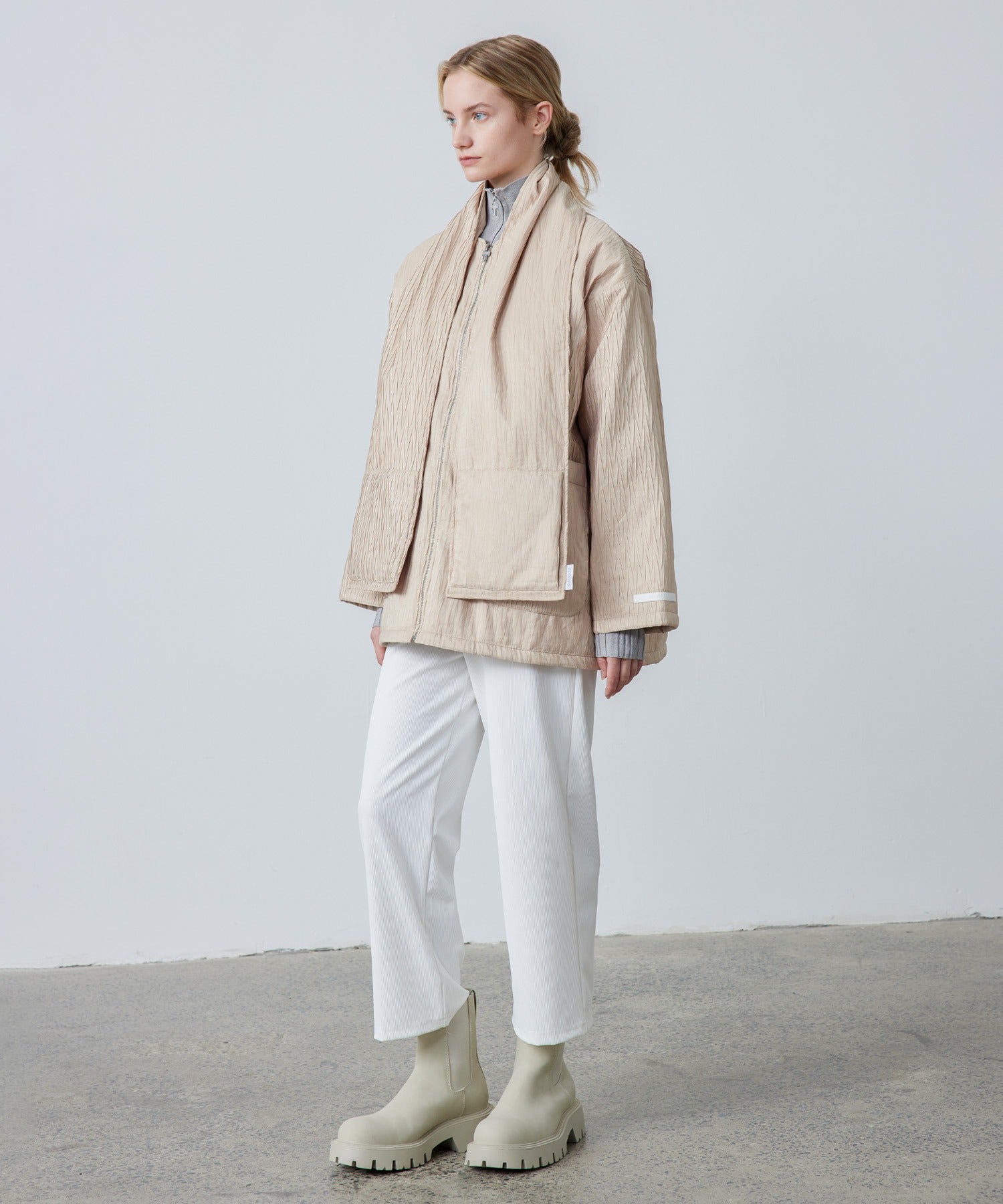 Padded No-Collar Jacket with Scarf – Crinkled Texture