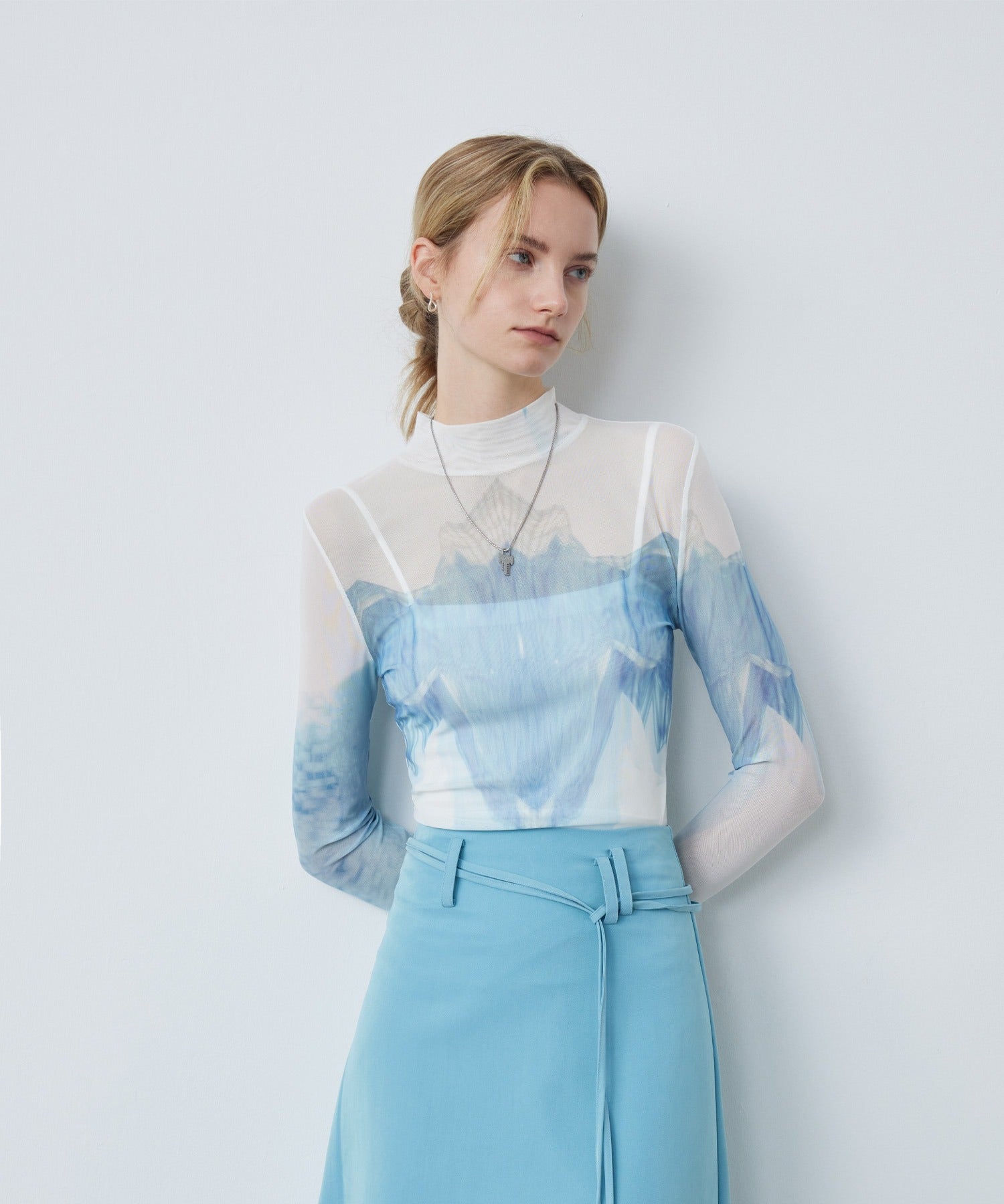 Sheer Printed High-Neck Top