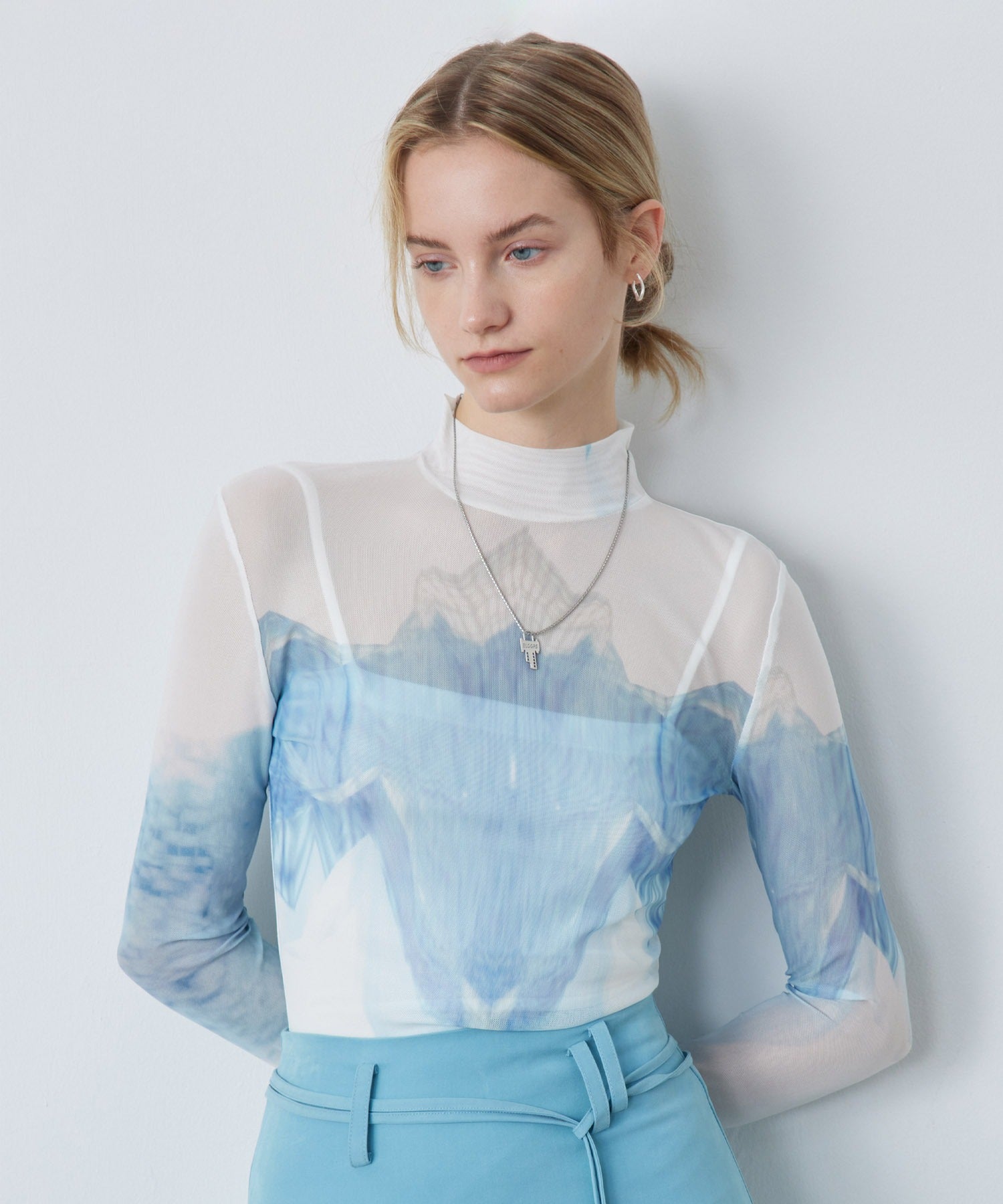Sheer Printed High-Neck Top