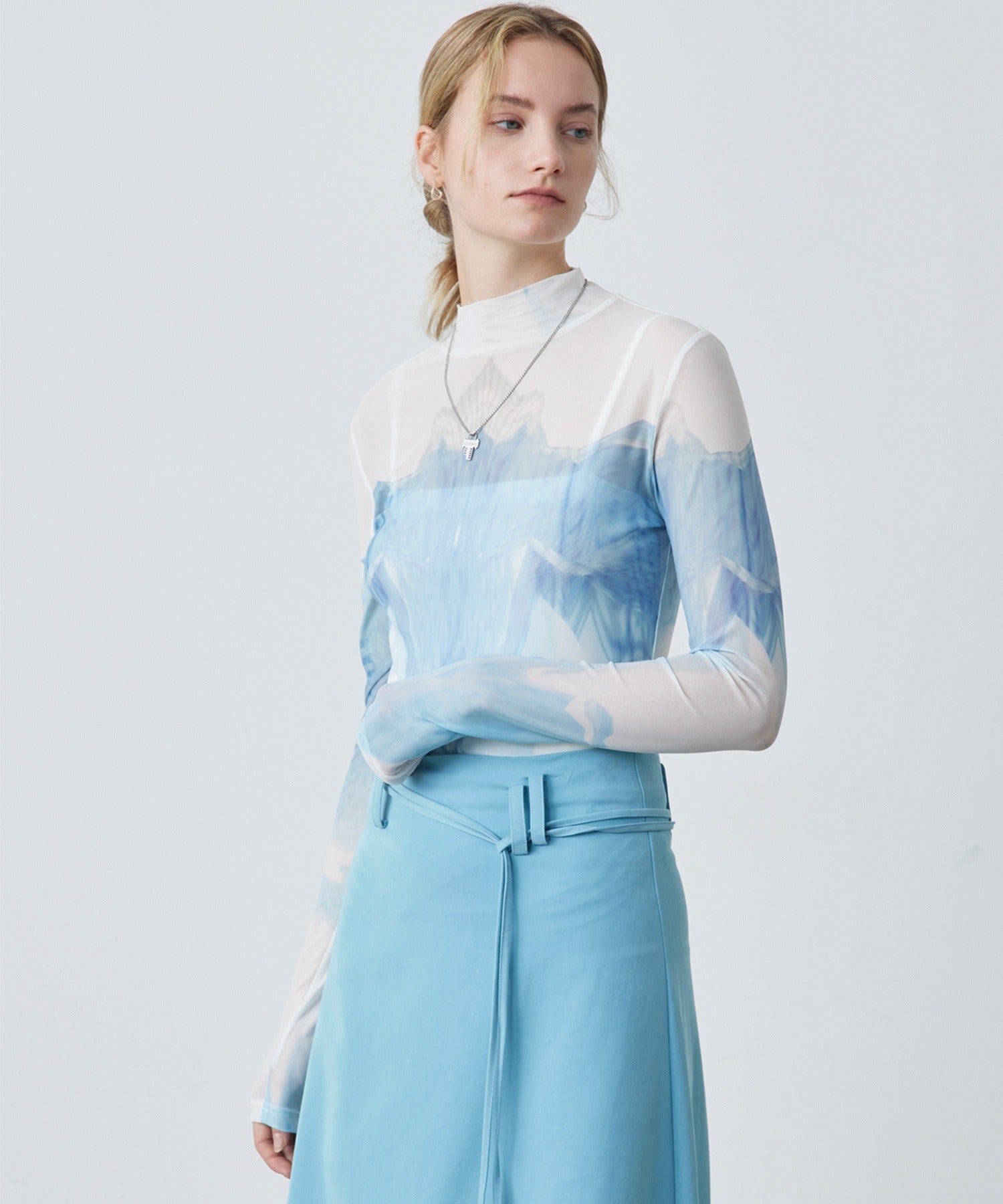 Sheer Printed High-Neck Top