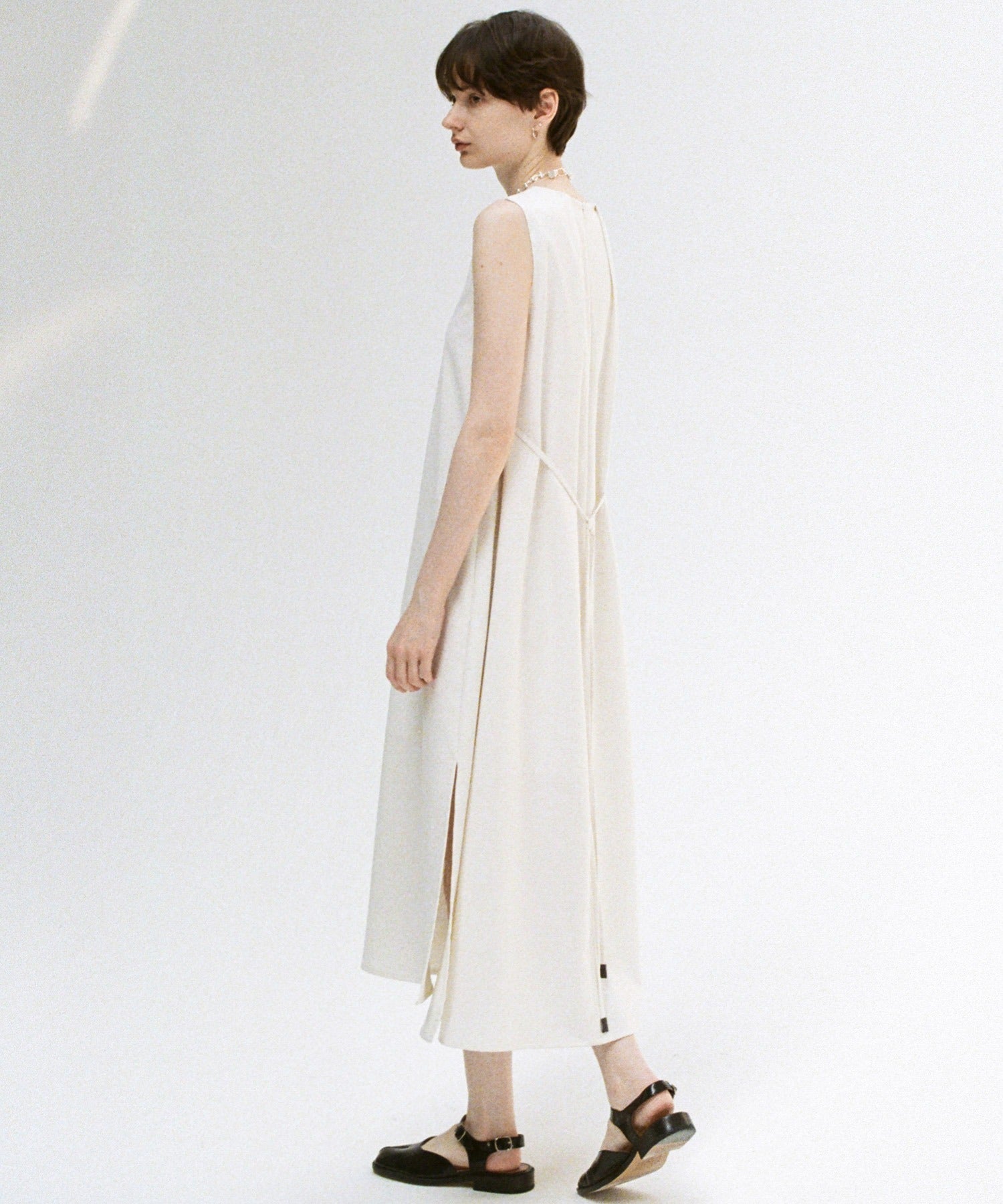 Adjustable Waist Tie Sleeveless Side Slit Dress