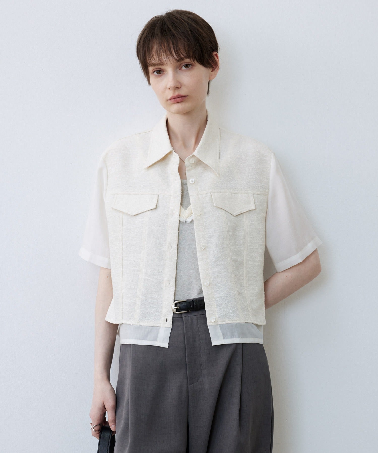 ブラウス シャツ 「tageechita」テクスチャー素材 フリンジ切替 開襟ラグランシャツ レディース メンズ tageechita ブラウス シャツ 「tageechita」テクスチャー素材