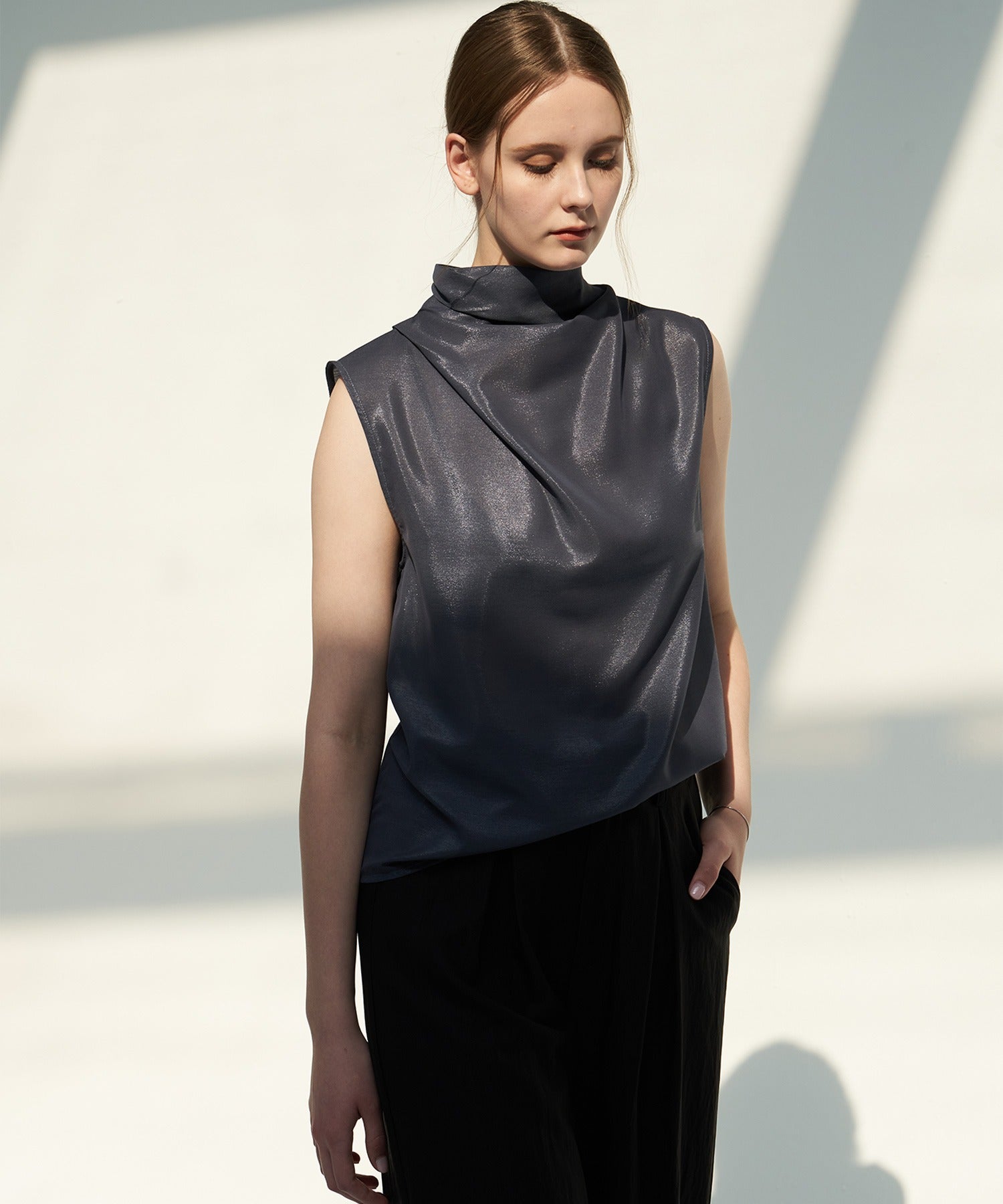 Sheer Cowl-Neck Sleeveless Top