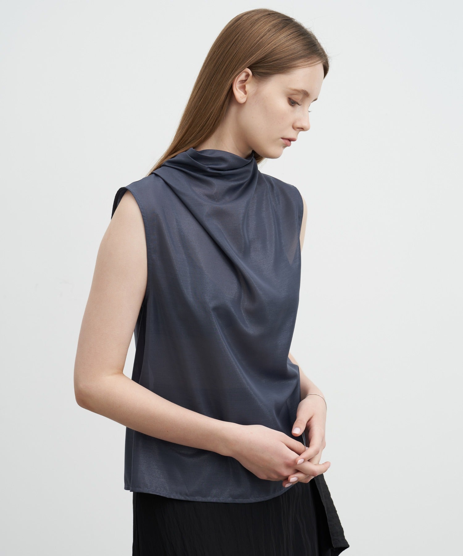 Sheer Cowl-Neck Sleeveless Top
