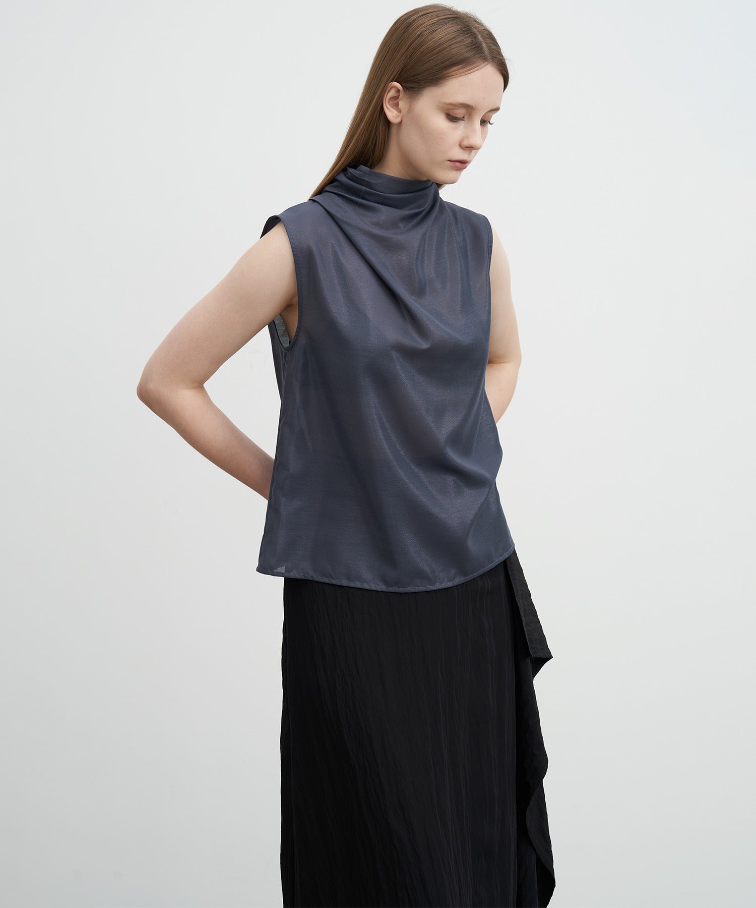 Sheer Cowl-Neck Sleeveless Top