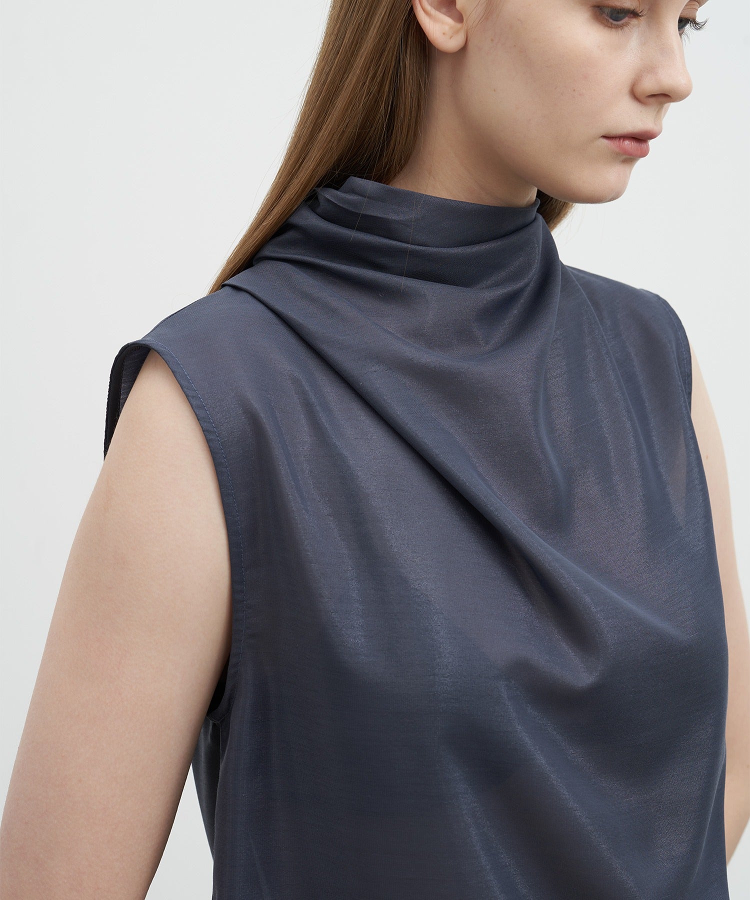Sheer Cowl-Neck Sleeveless Top