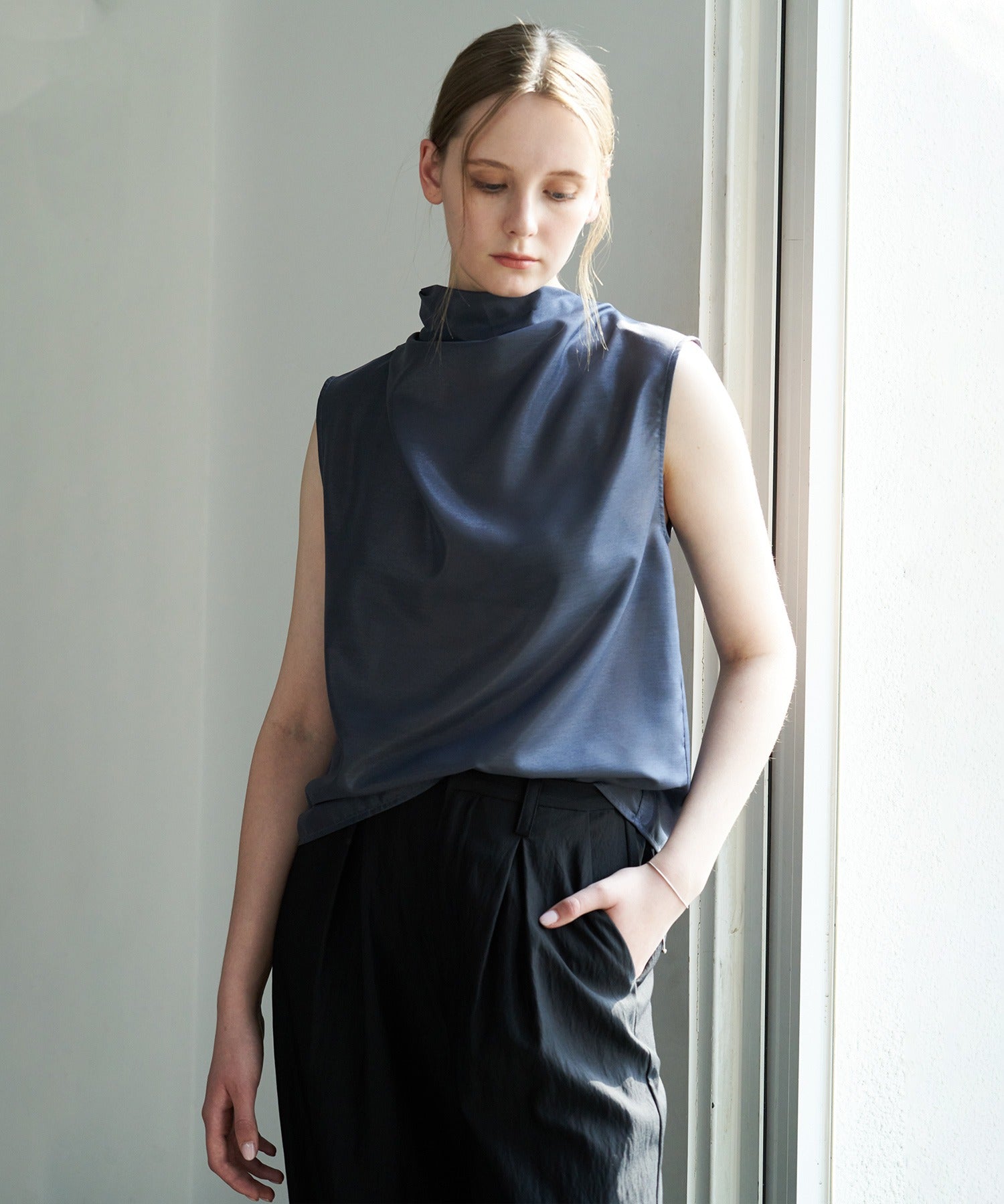 Sheer Cowl-Neck Sleeveless Top