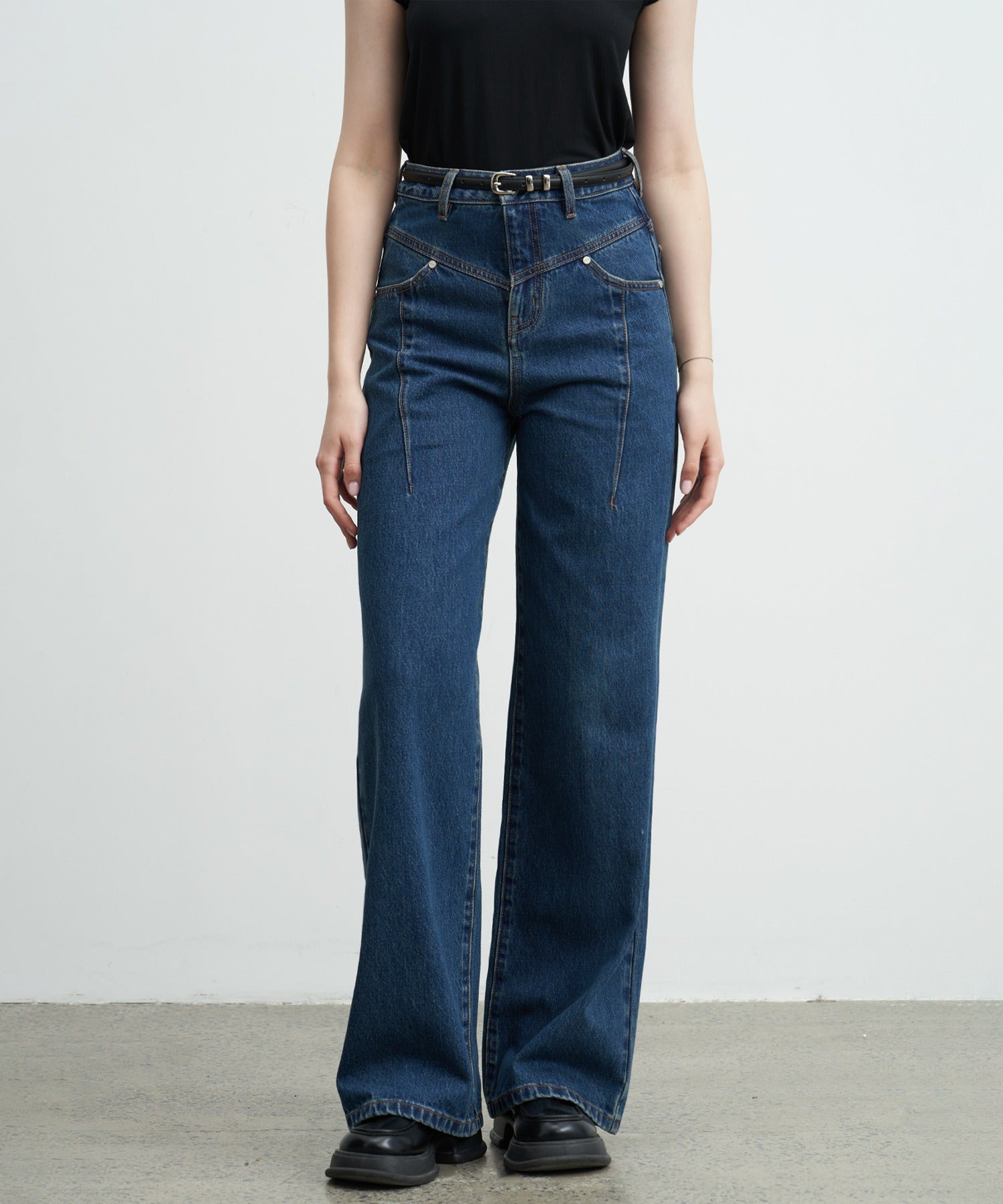 High-Rise Denim Pants with Waist Panel Detail