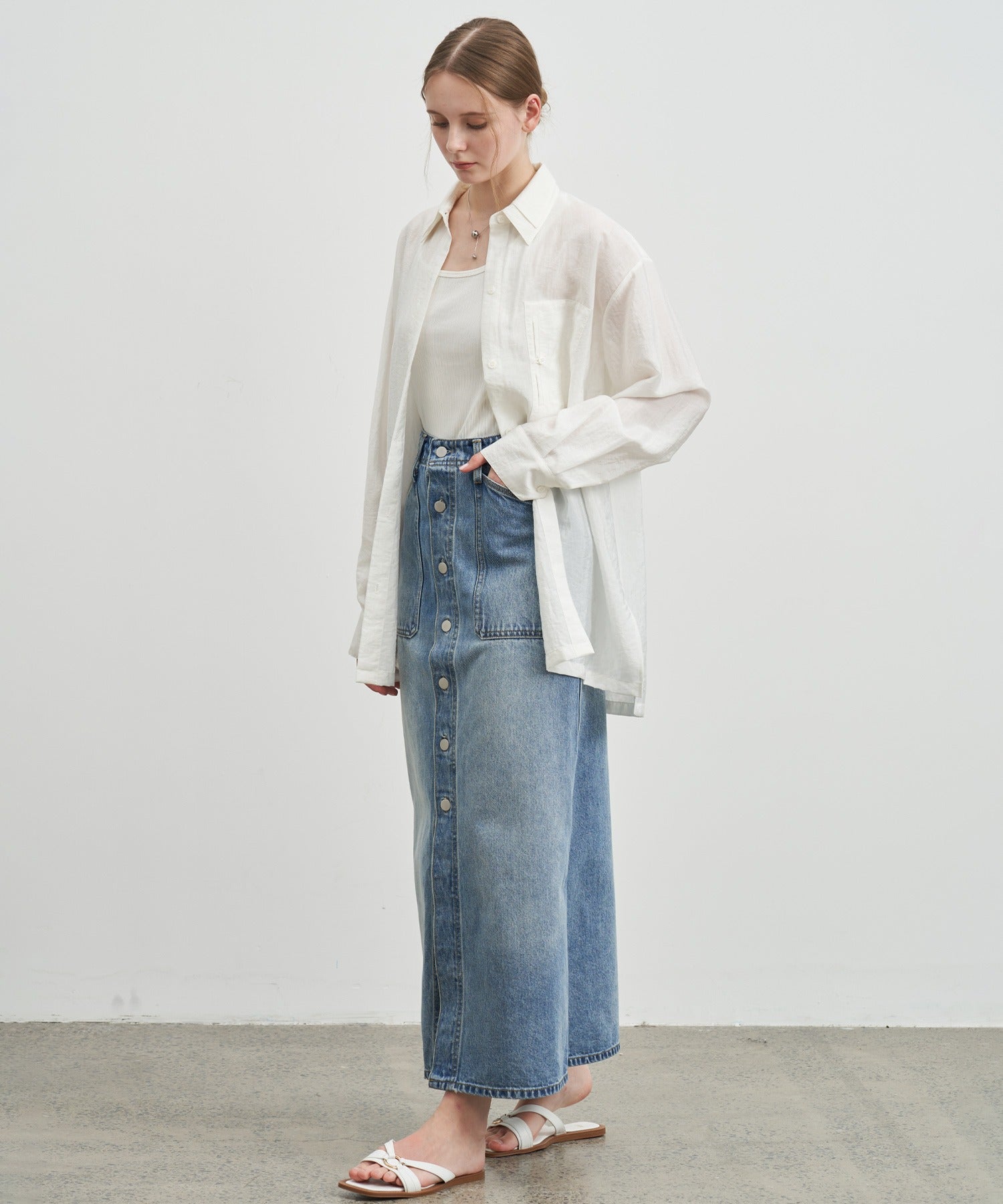 Button-front denim midi skirt