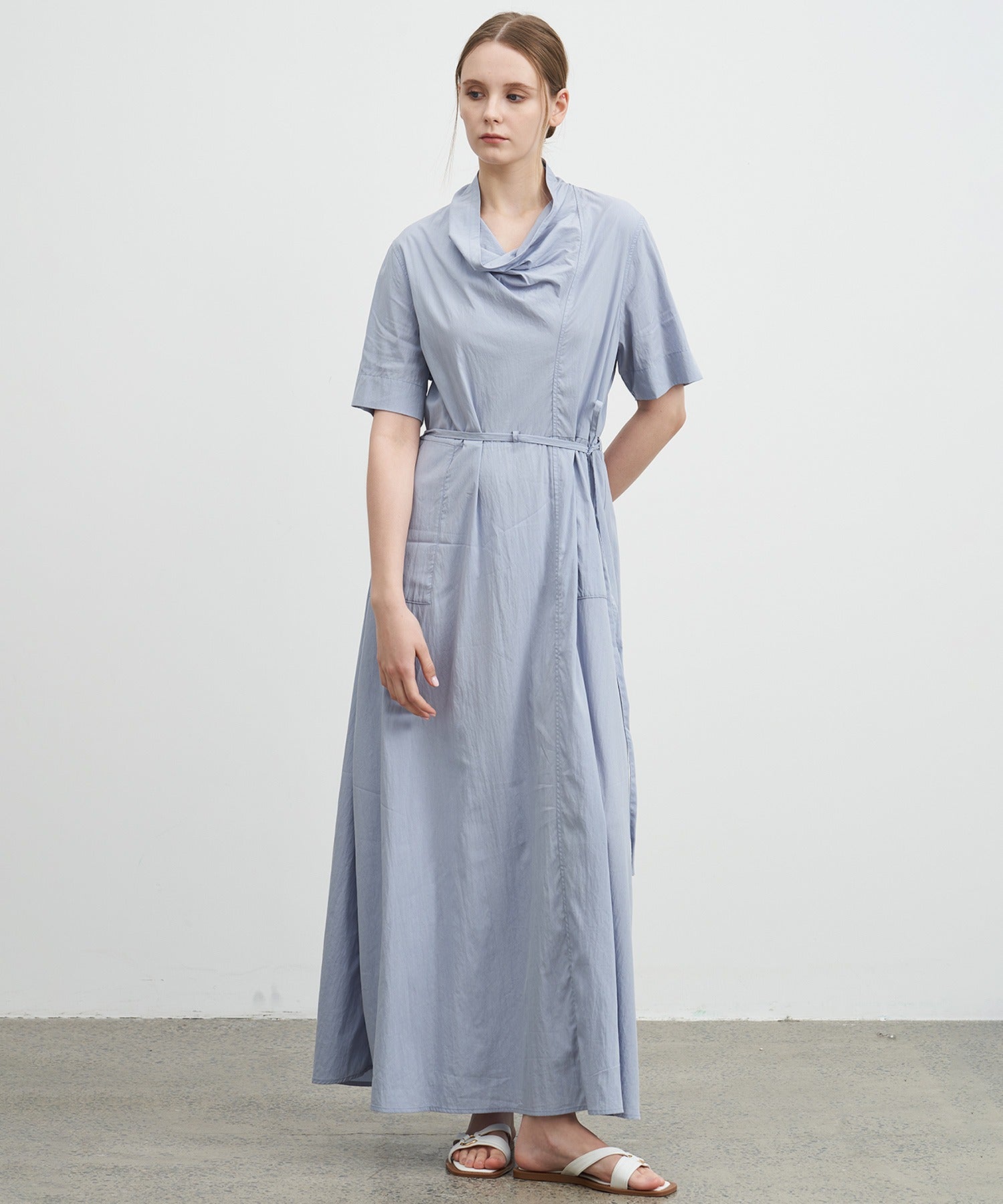 Drape Collar Midi Shirt Dress