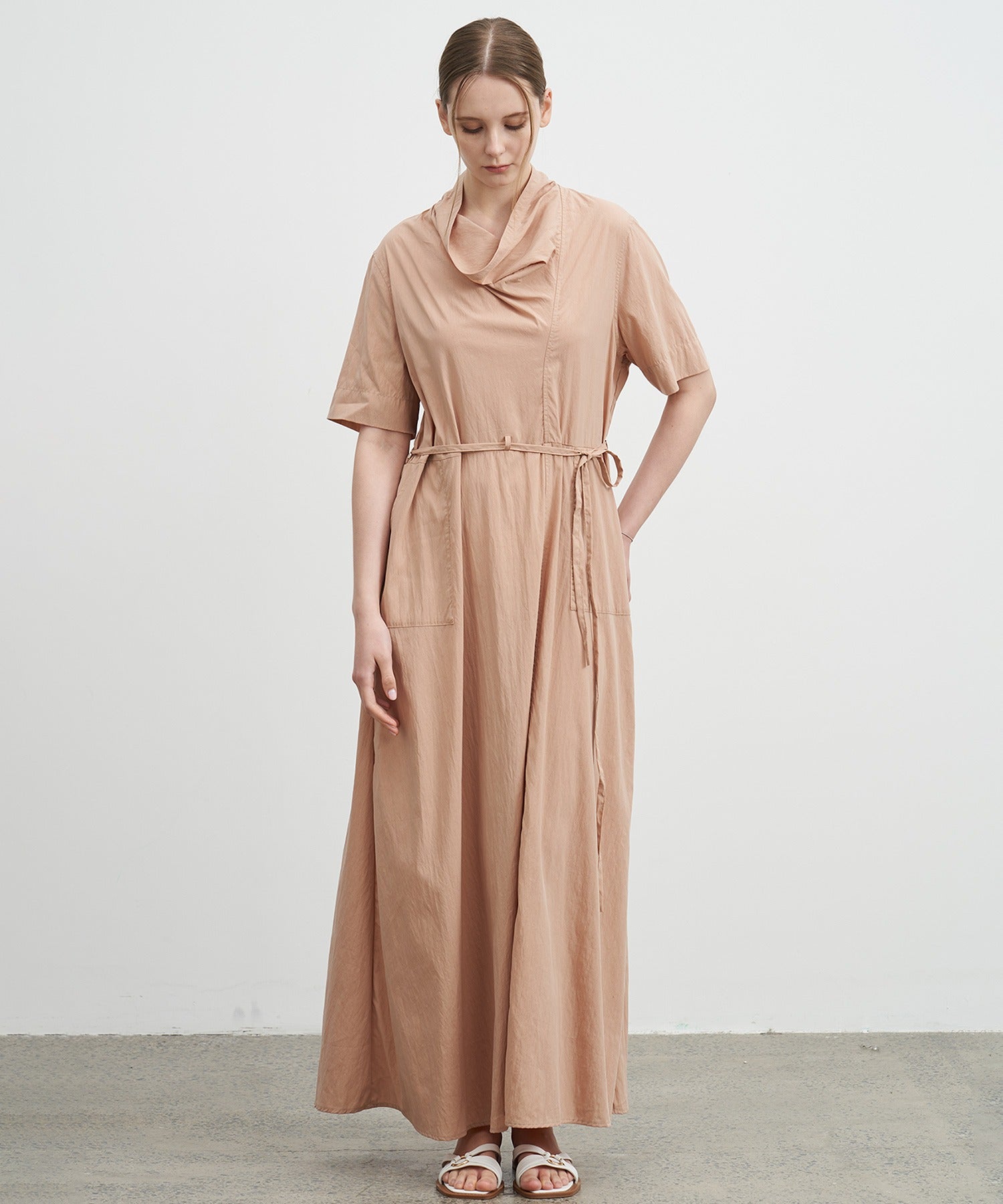 Drape Collar Midi Shirt Dress