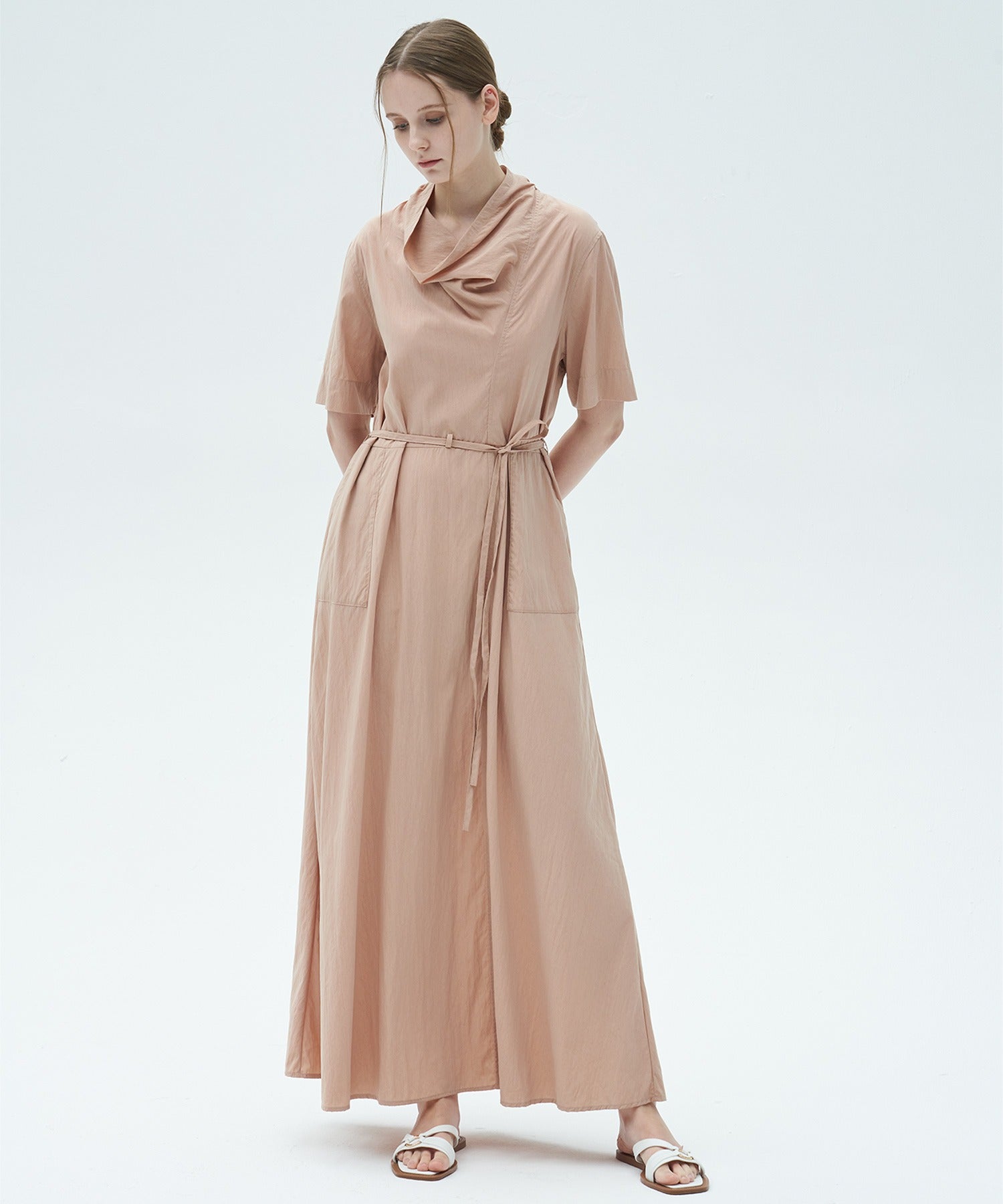 Drape Collar Midi Shirt Dress