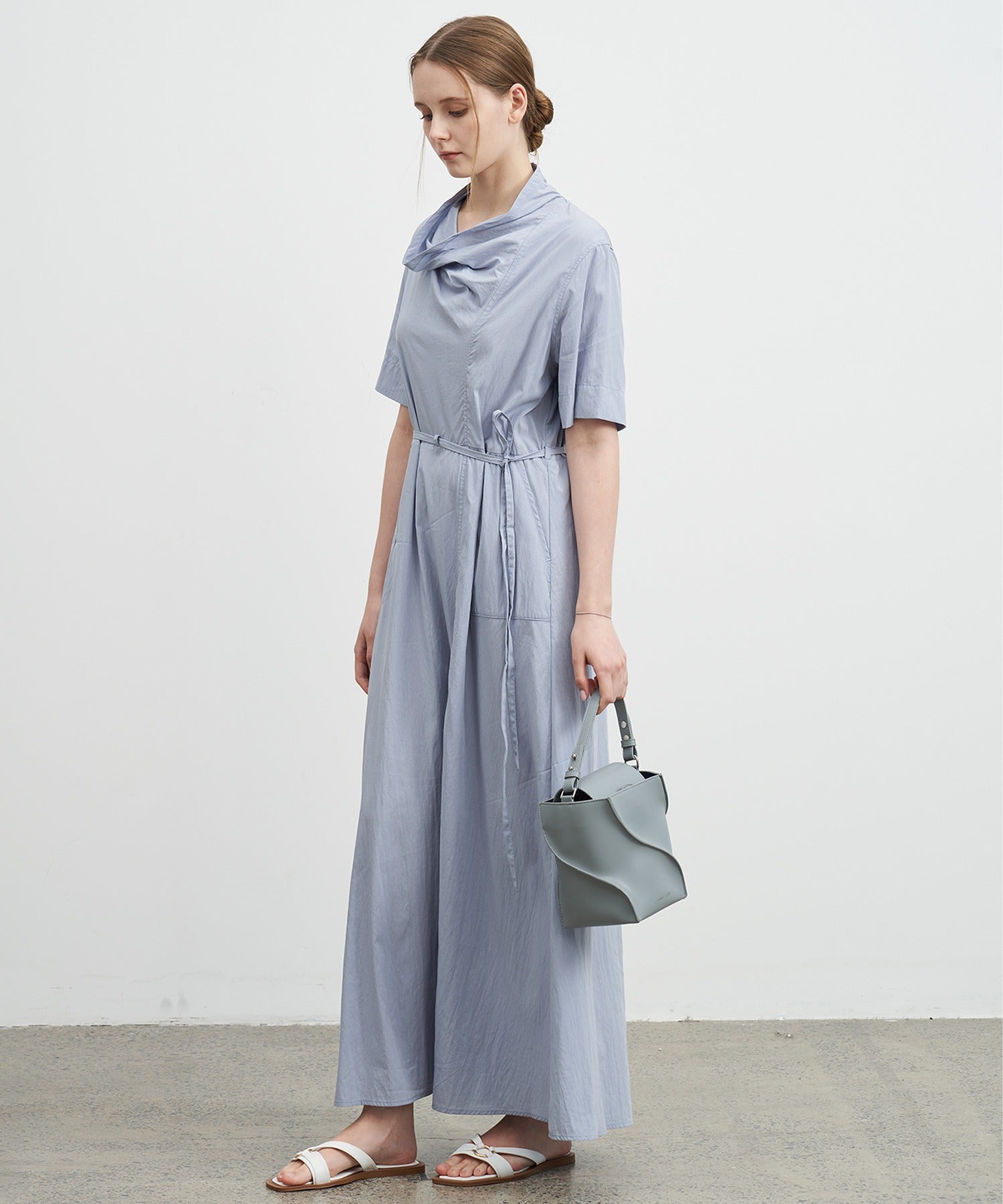 Drape Collar Midi Shirt Dress