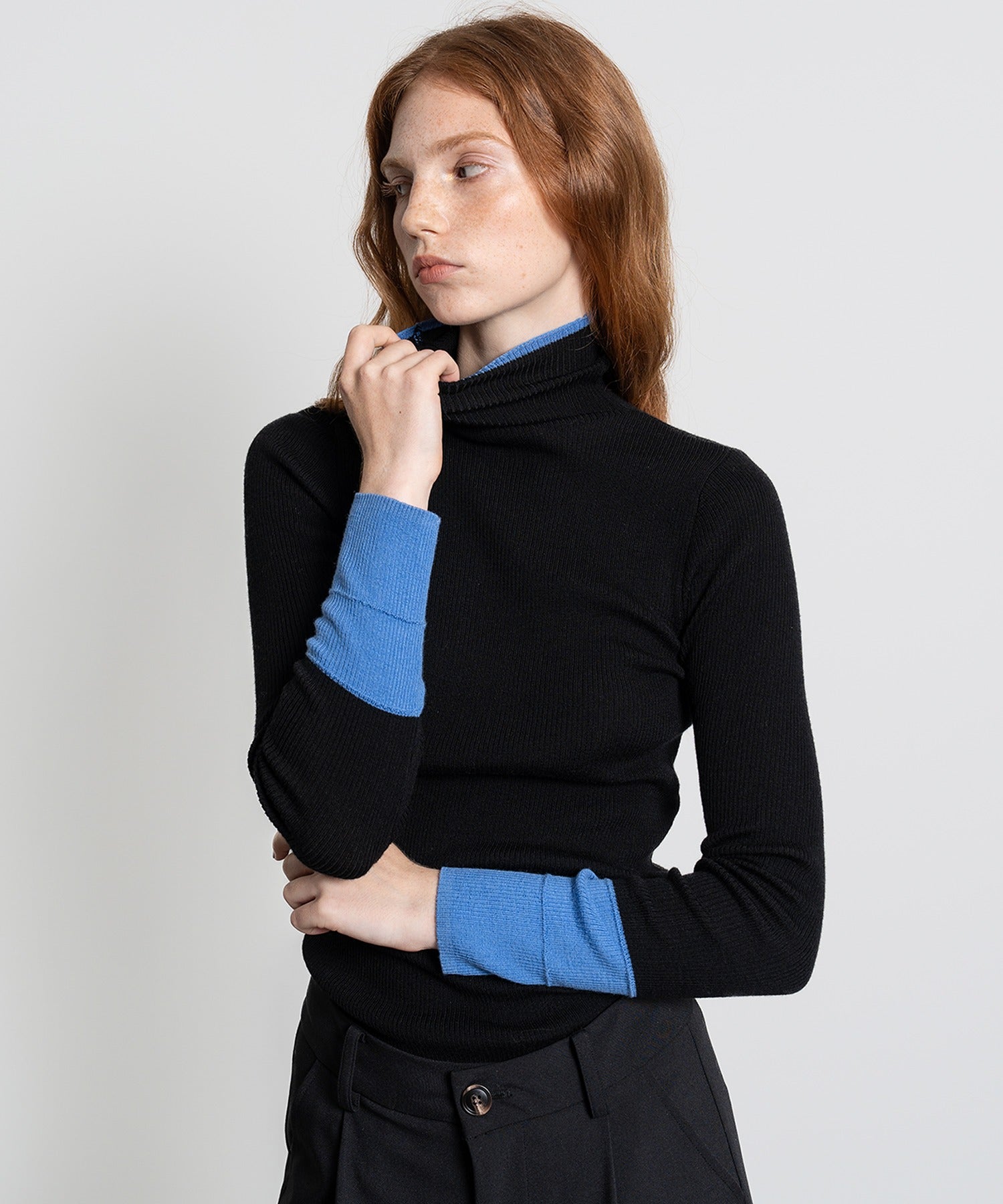 Color Block Rib Knit High Neck Wool Top