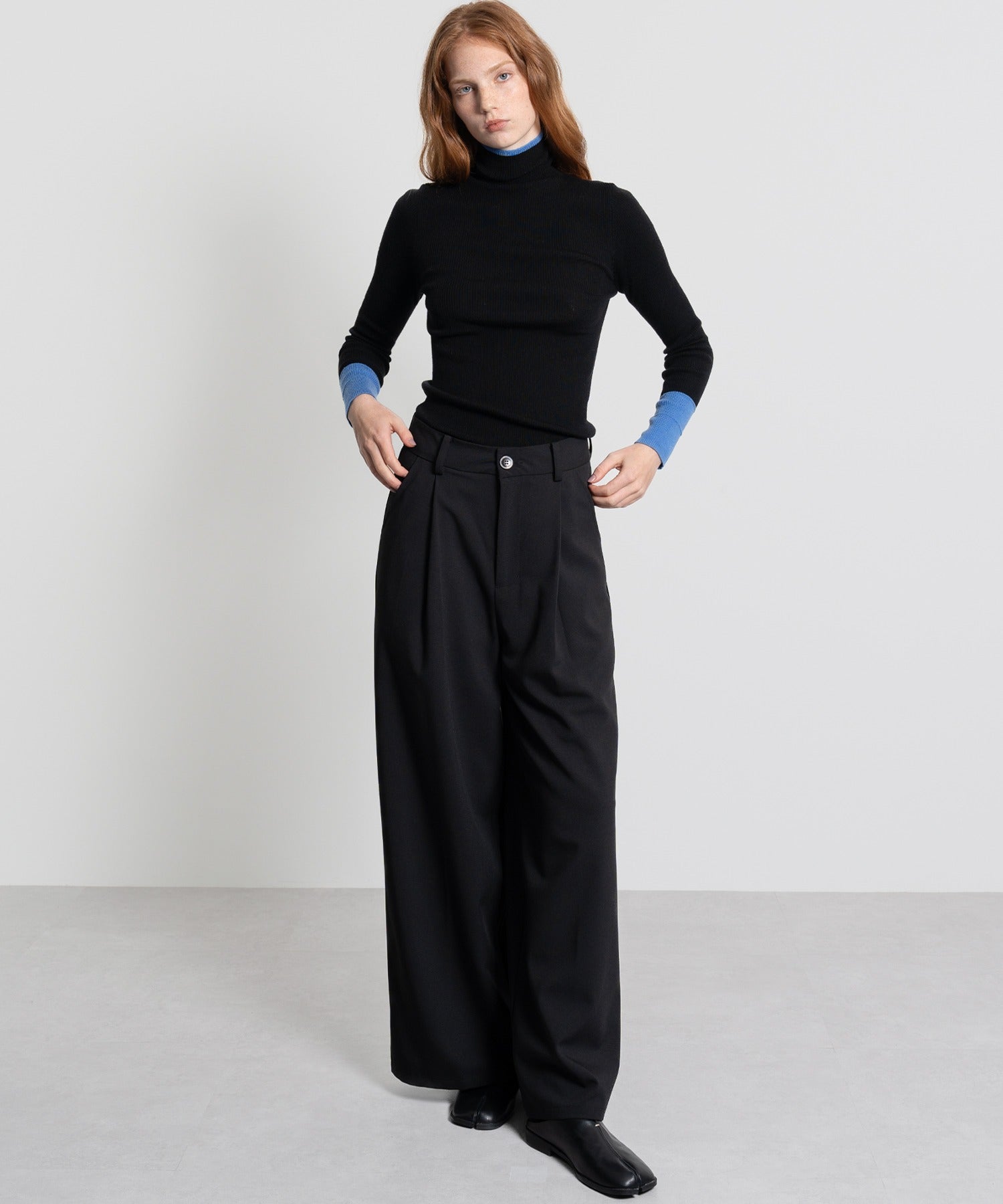 Color Block Rib Knit High Neck Wool Top