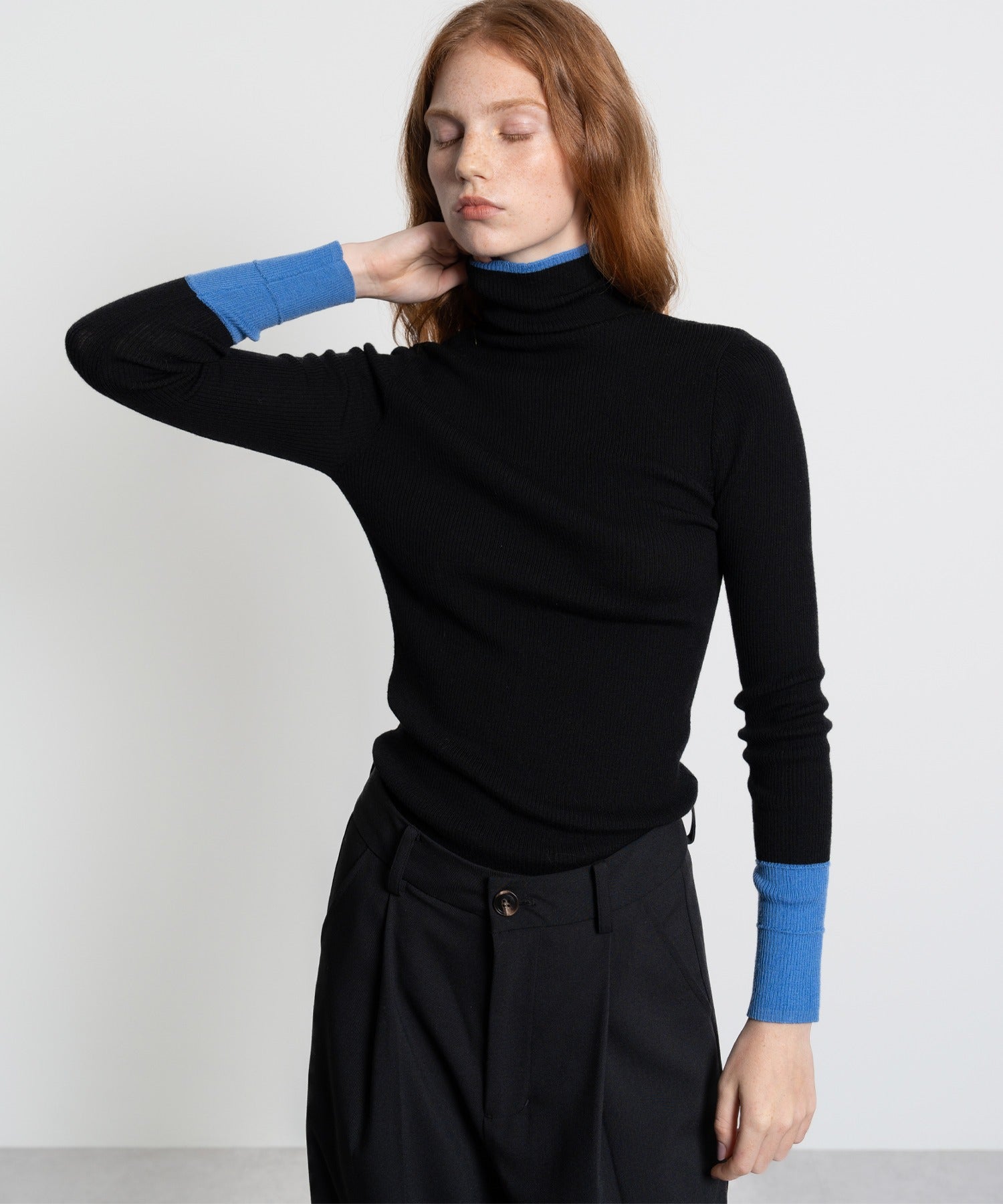 Color Block Rib Knit High Neck Wool Top