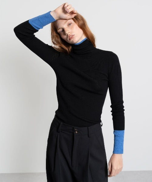 Color Block Rib Knit High Neck Wool Top