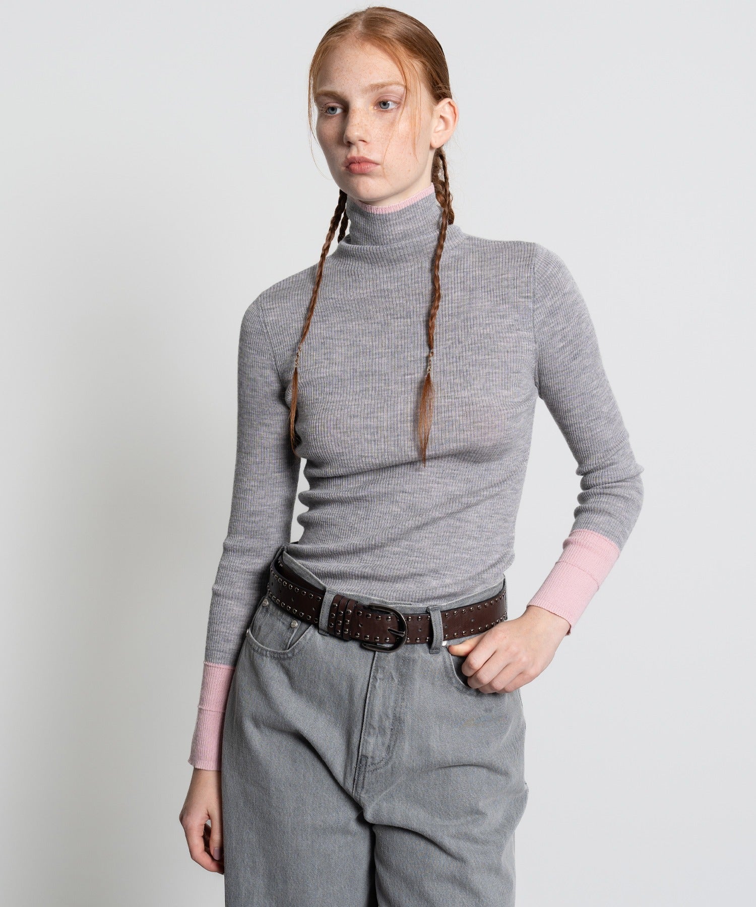 Color Block Rib Knit High Neck Wool Top