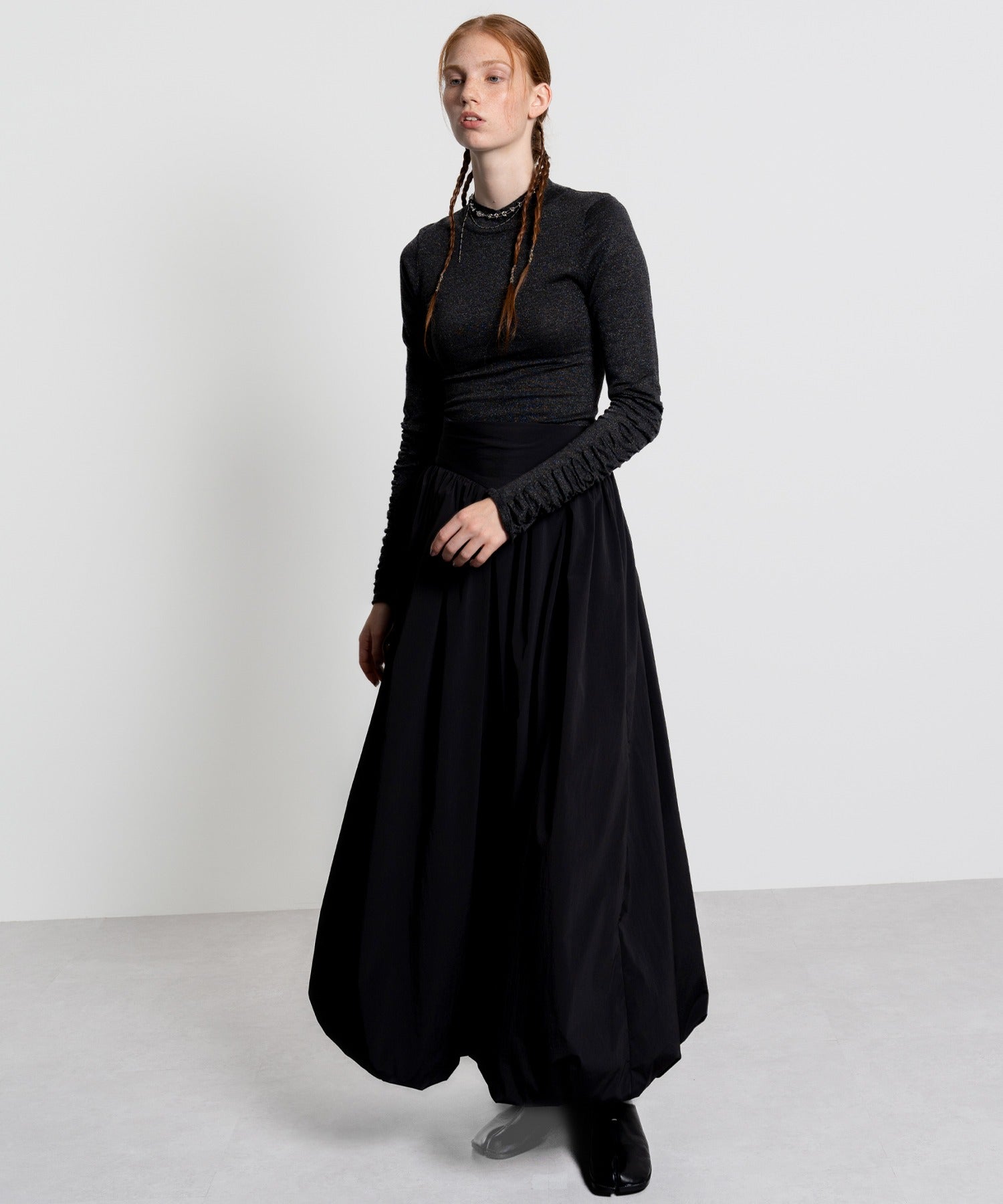 Gathered Sleeve Lurex Knit Top