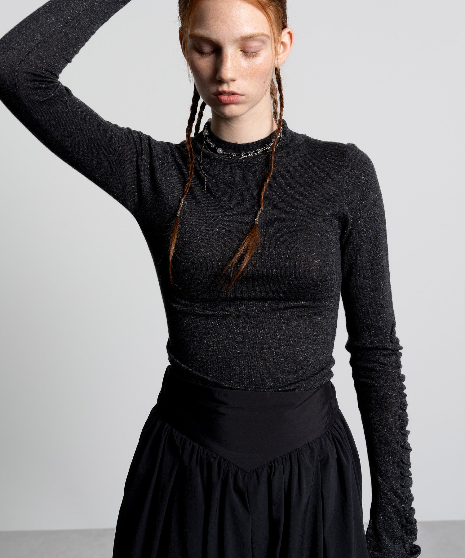 Gathered Sleeve Lurex Knit Top