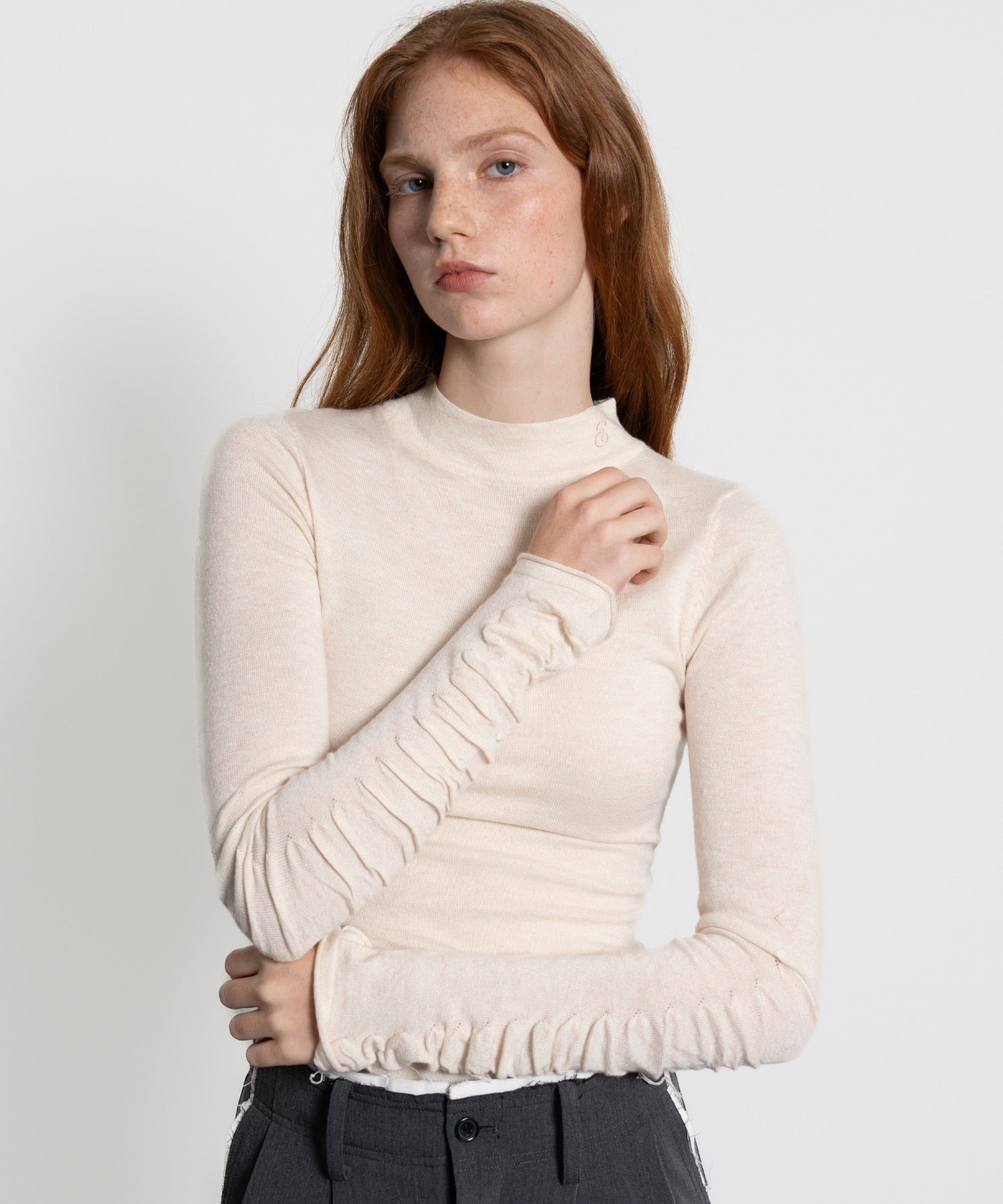 Gathered Sleeve Lurex Knit Top