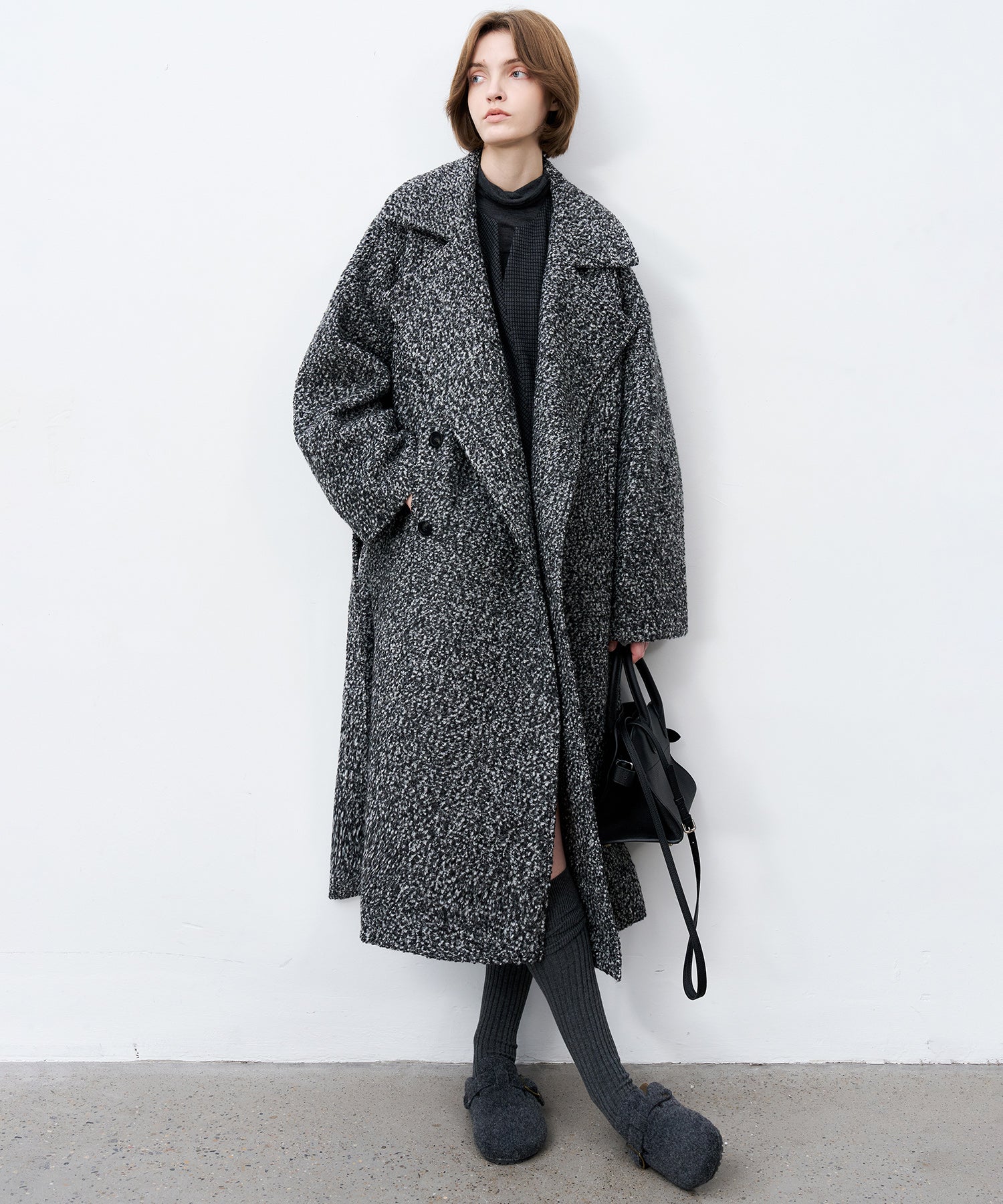 Mixed-Color Bouclé Wool Lapel Long Coat