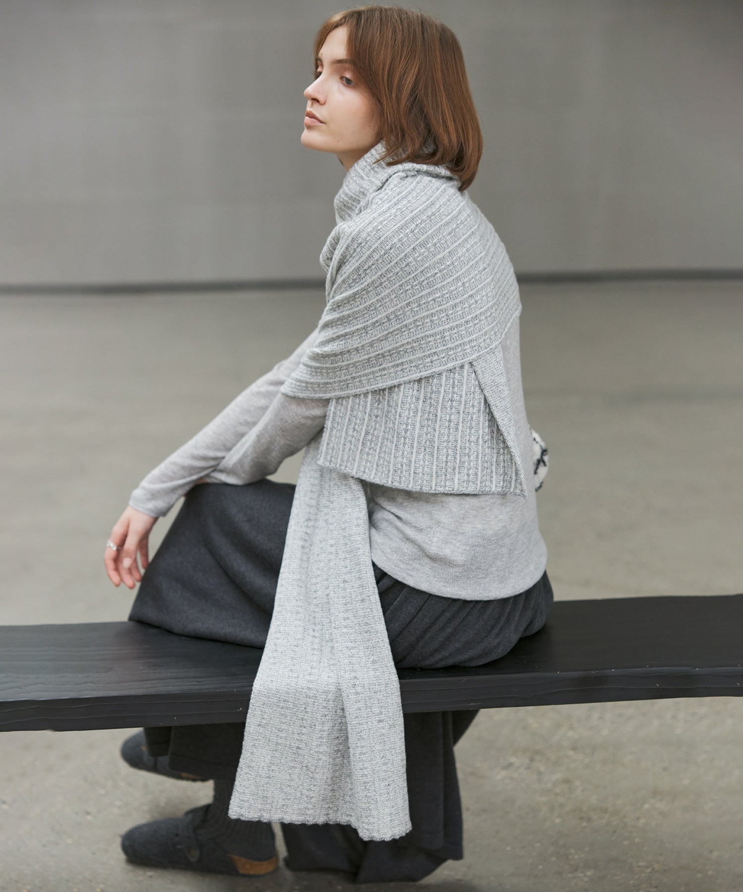 Asymmetric High-Neck Textured Knit Poncho Scarf