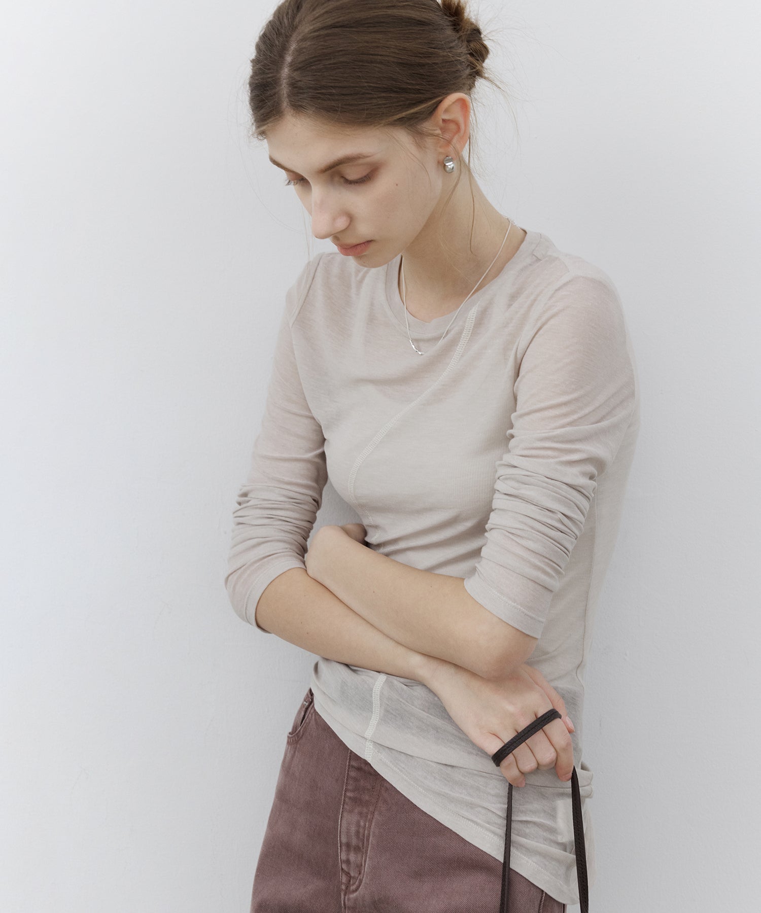 Sheer Asymmetric Stitch Long Sleeve Top