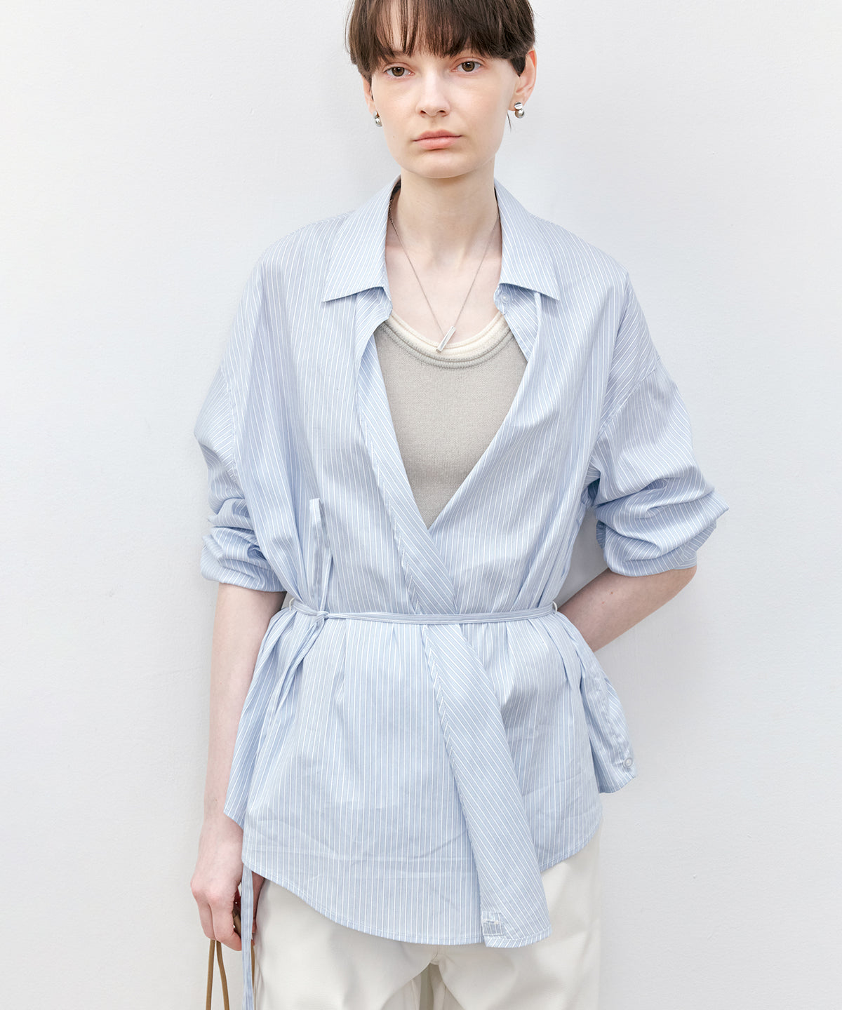 Wrap-Front Waist Tie Design Shirt