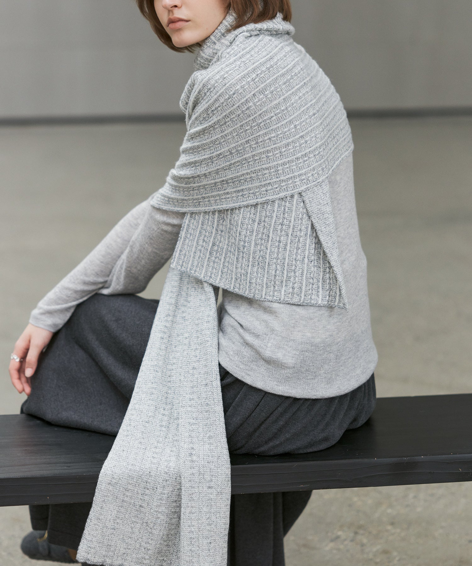 Asymmetric High-Neck Textured Knit Poncho Scarf