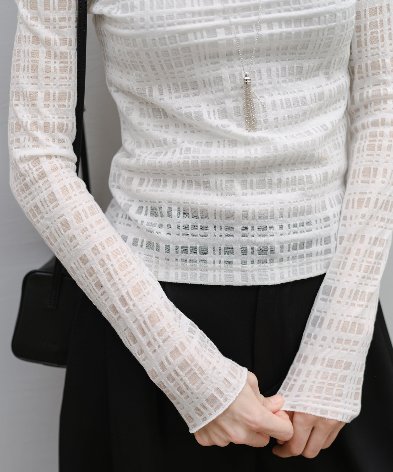 "Shipping from early to mid-March" Check Pattern Sheer Mesh Long Sleeve Top