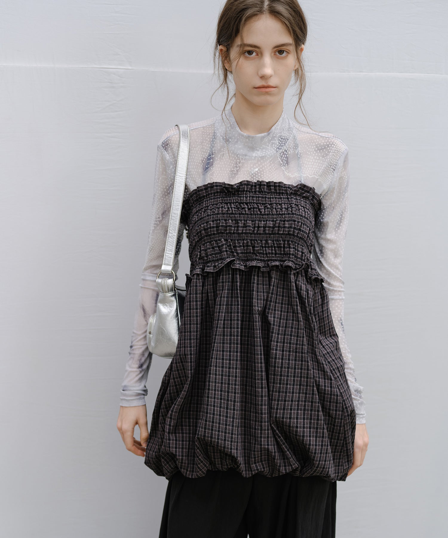 "Shipping from late February to early March" 2-way Smocked Check Bubble Skirt