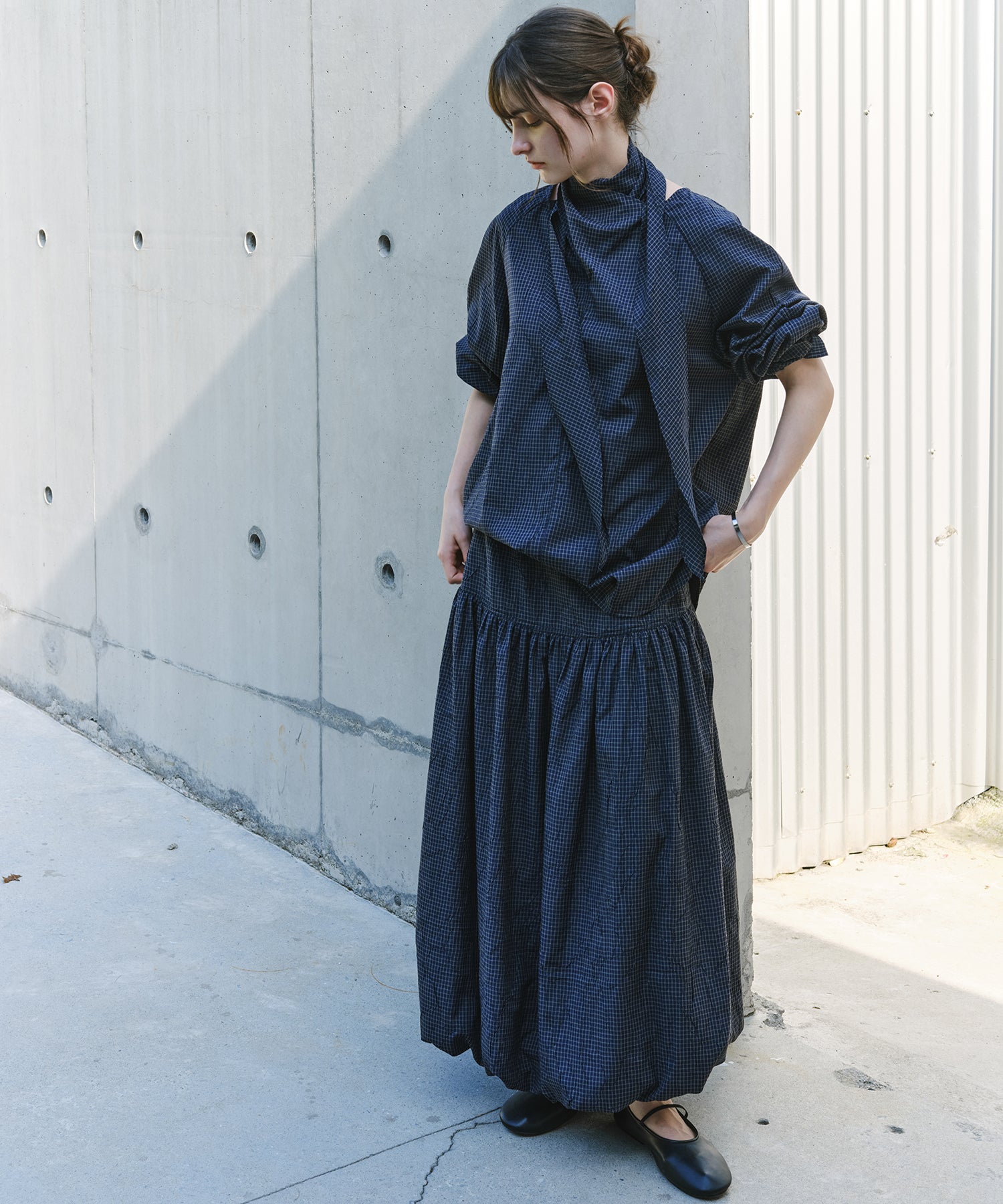 「9月下旬出荷予定」Vintage Check Balloon Long Skirt