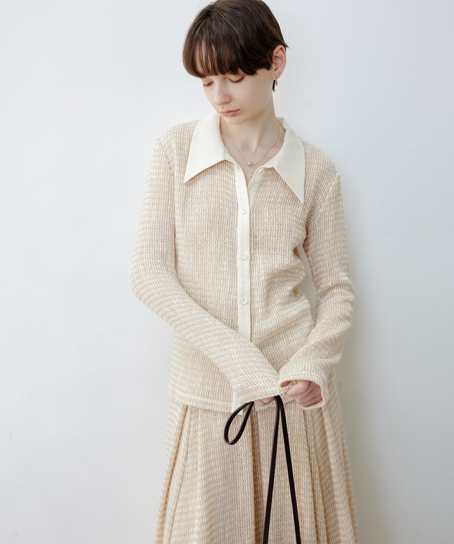 Two-Tone Openwork Knit Shirt Blouse