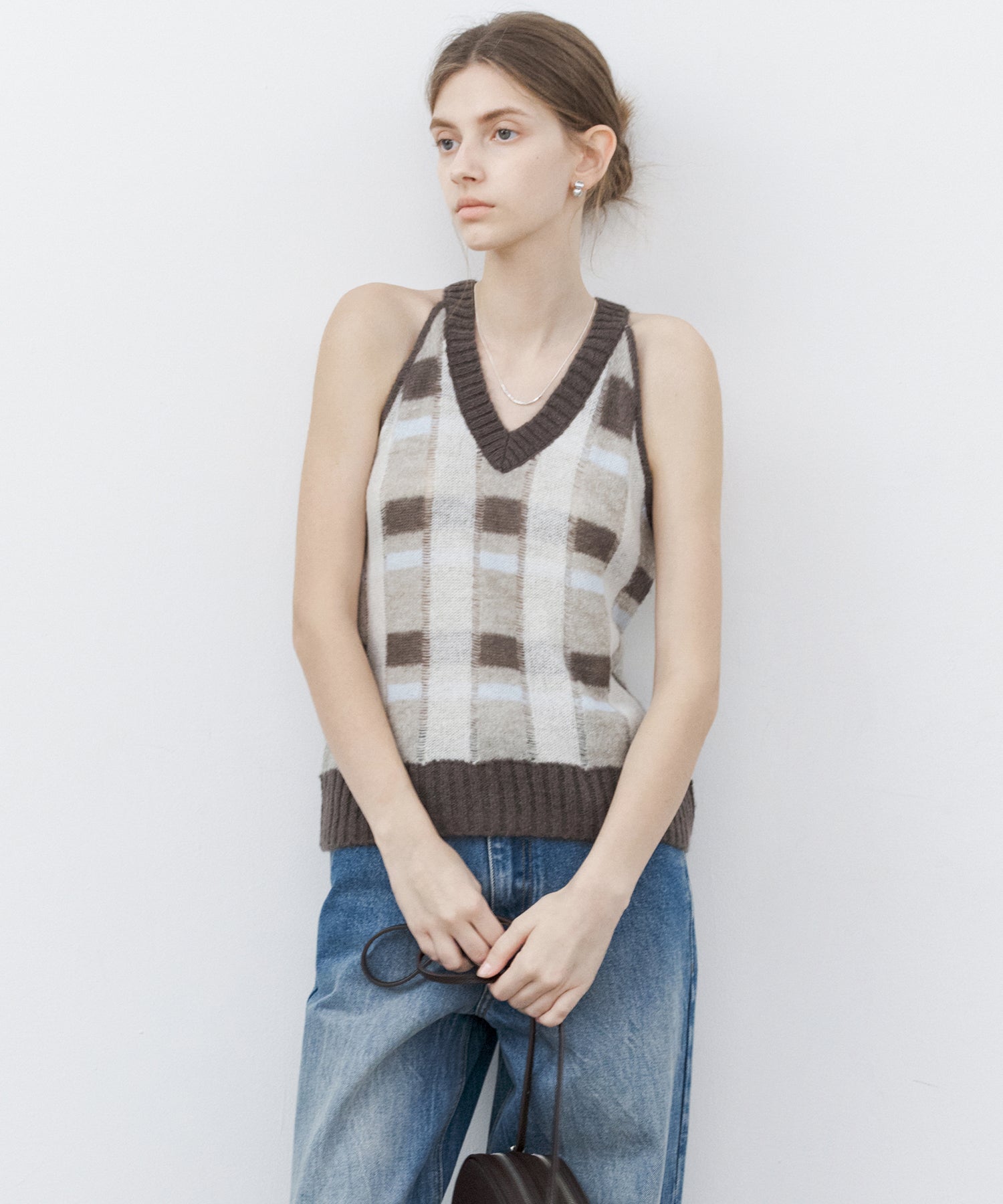 Check Jacquard V-Neck Knit Vest