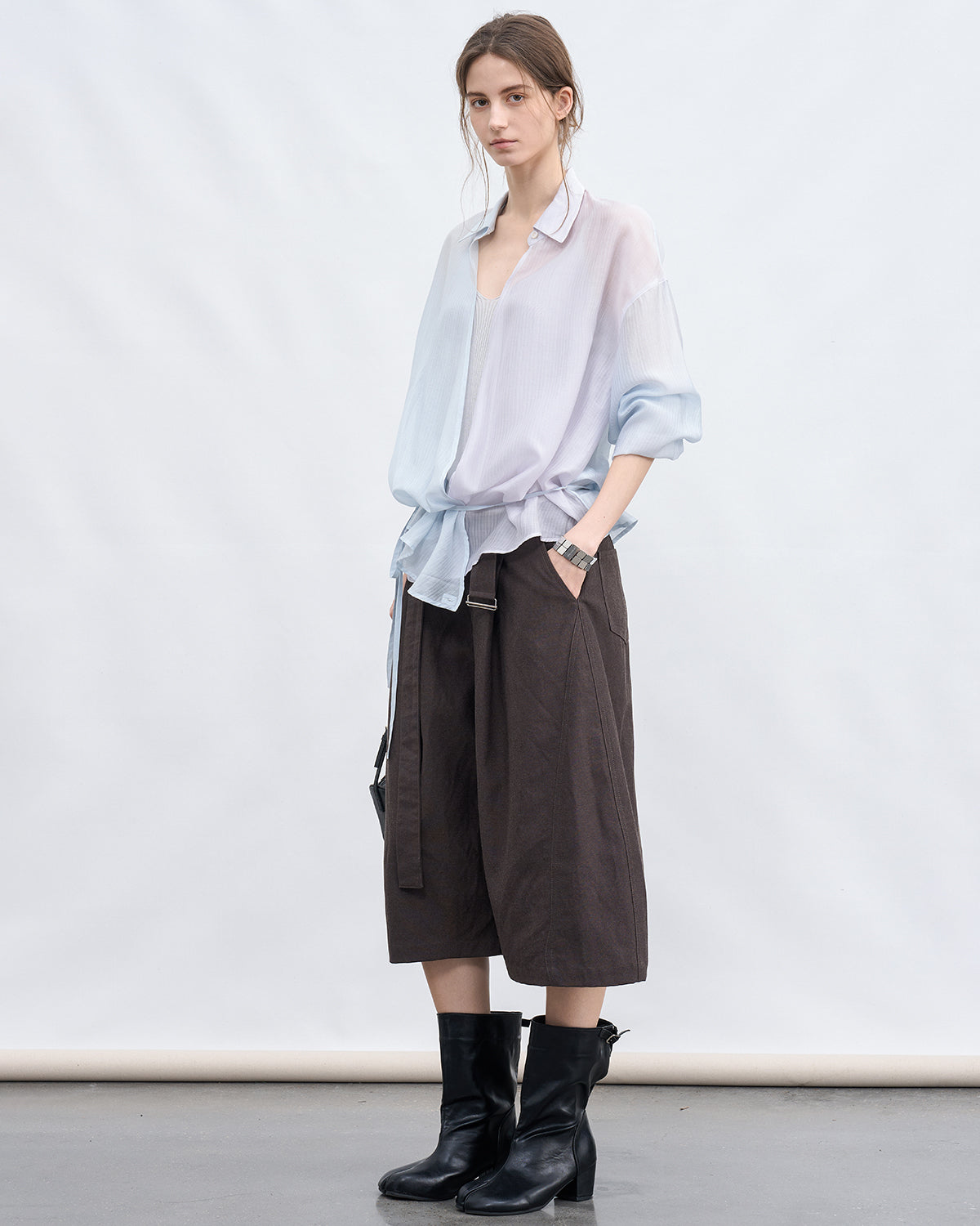 Bi-color Asymmetric Neck Sheer Shirt