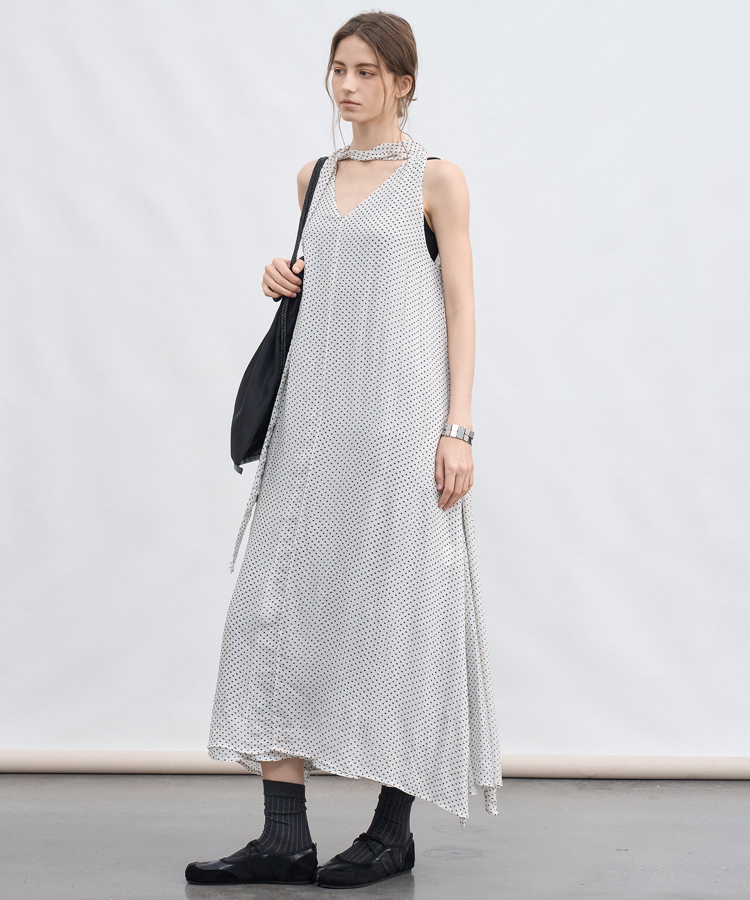 Dot Scarf Detail V-Neck Dress
