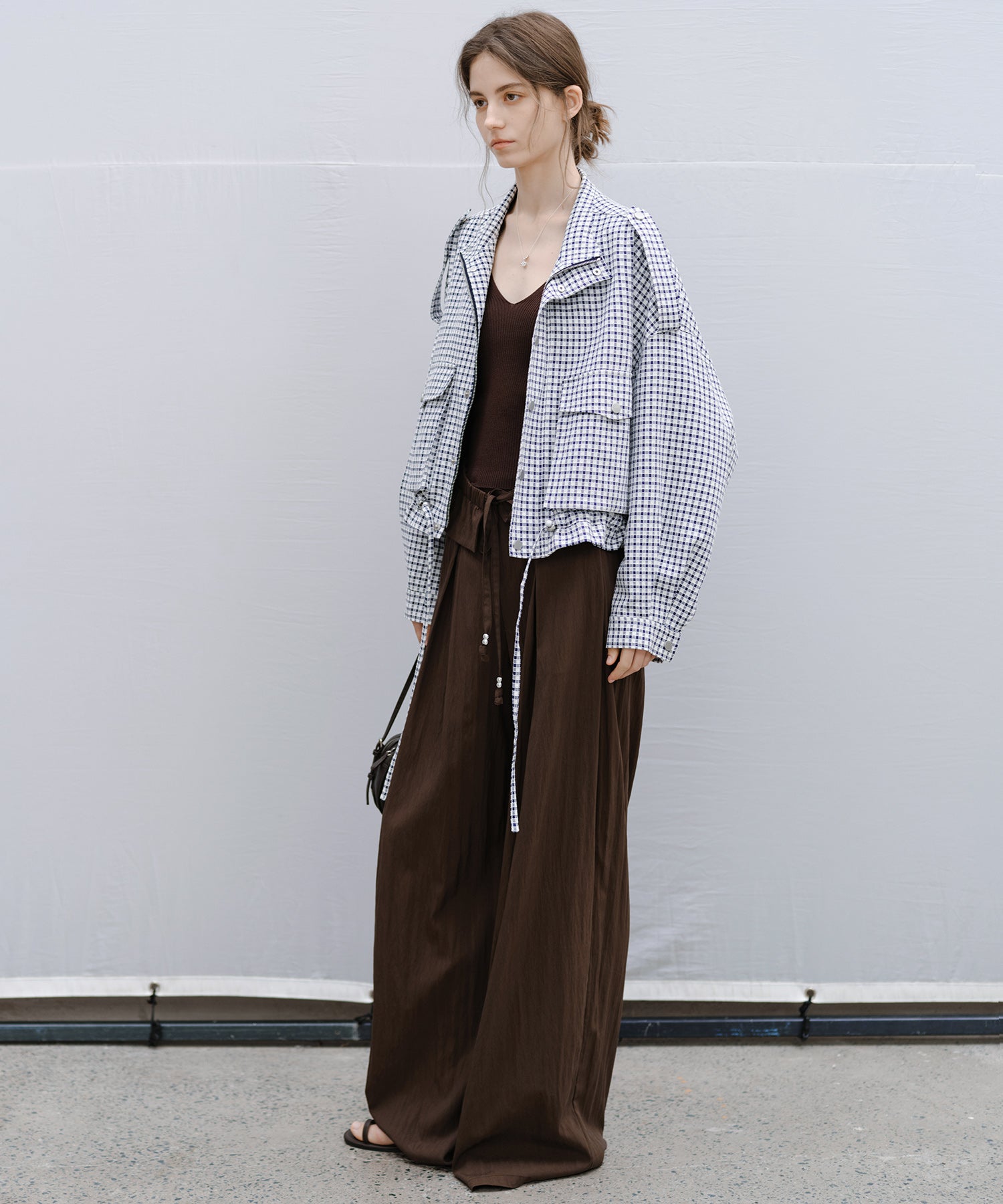 "Shipping late February to early March" Stand Collar Check Drawstring Jacket