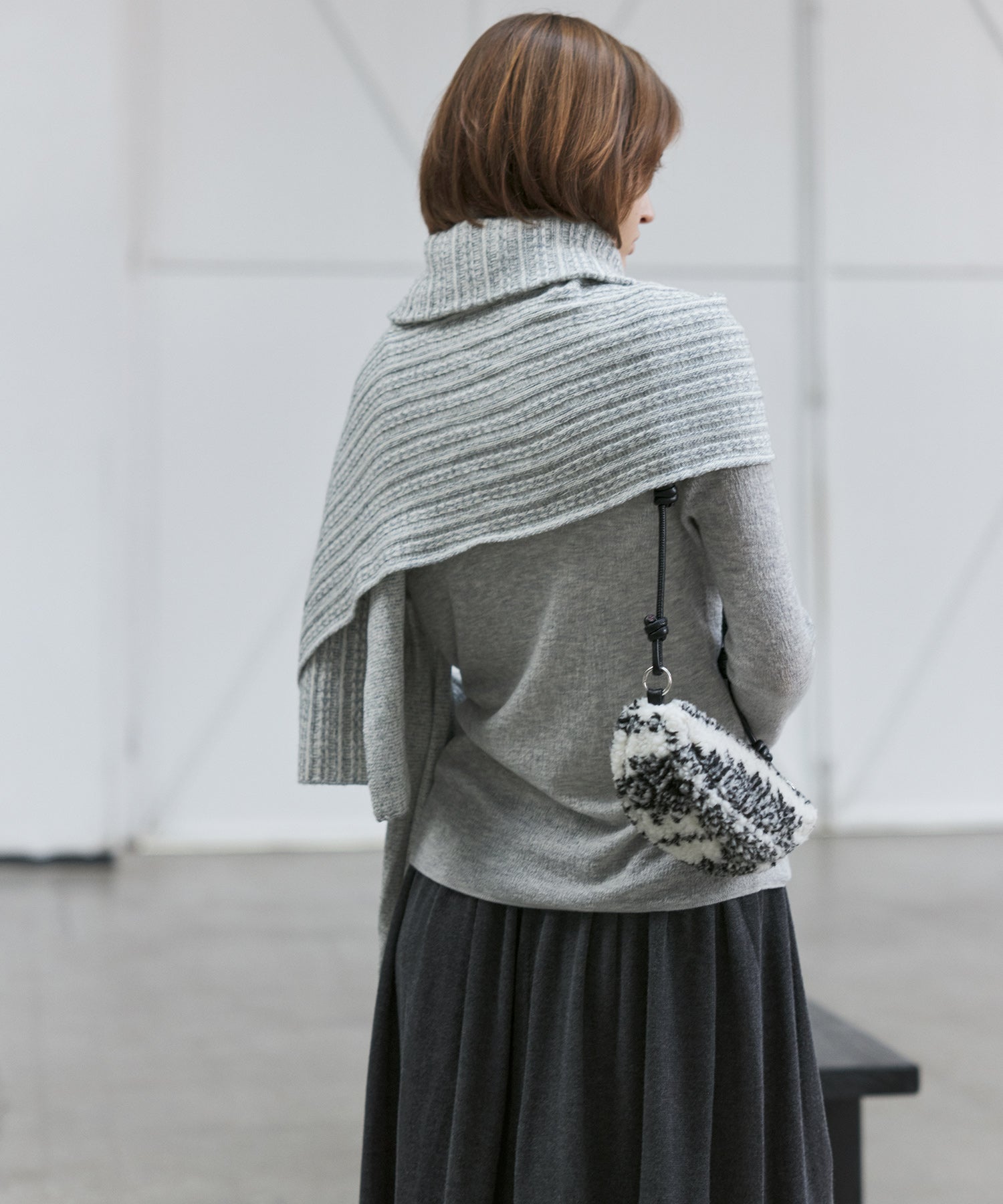 Asymmetric High-Neck Textured Knit Poncho Scarf